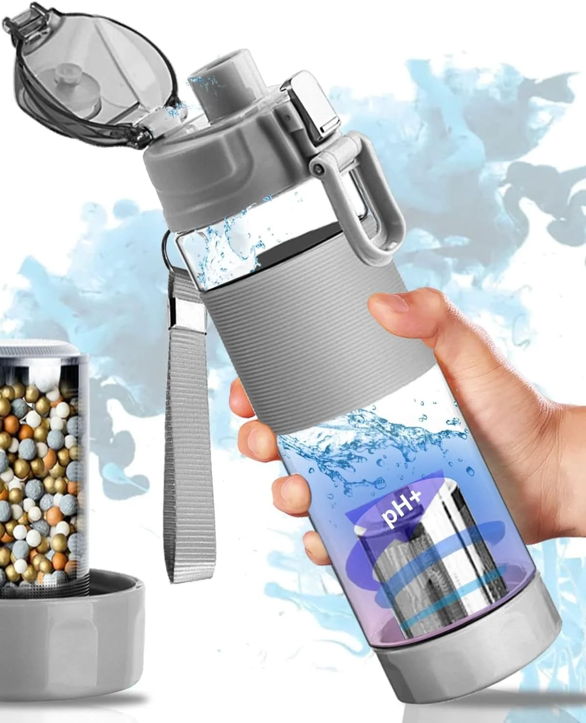 بطری آب قلیایی KASTWAVE، بطری آب فیلتردار معدنی 650 میلی لیتری، کاهش ORP Ph، فیلتر آب قلیایی 9.5، یک دکمه برای باز کردن بطری آب قابل حمل برای ورزش، کوهنوردی، کمپینگ