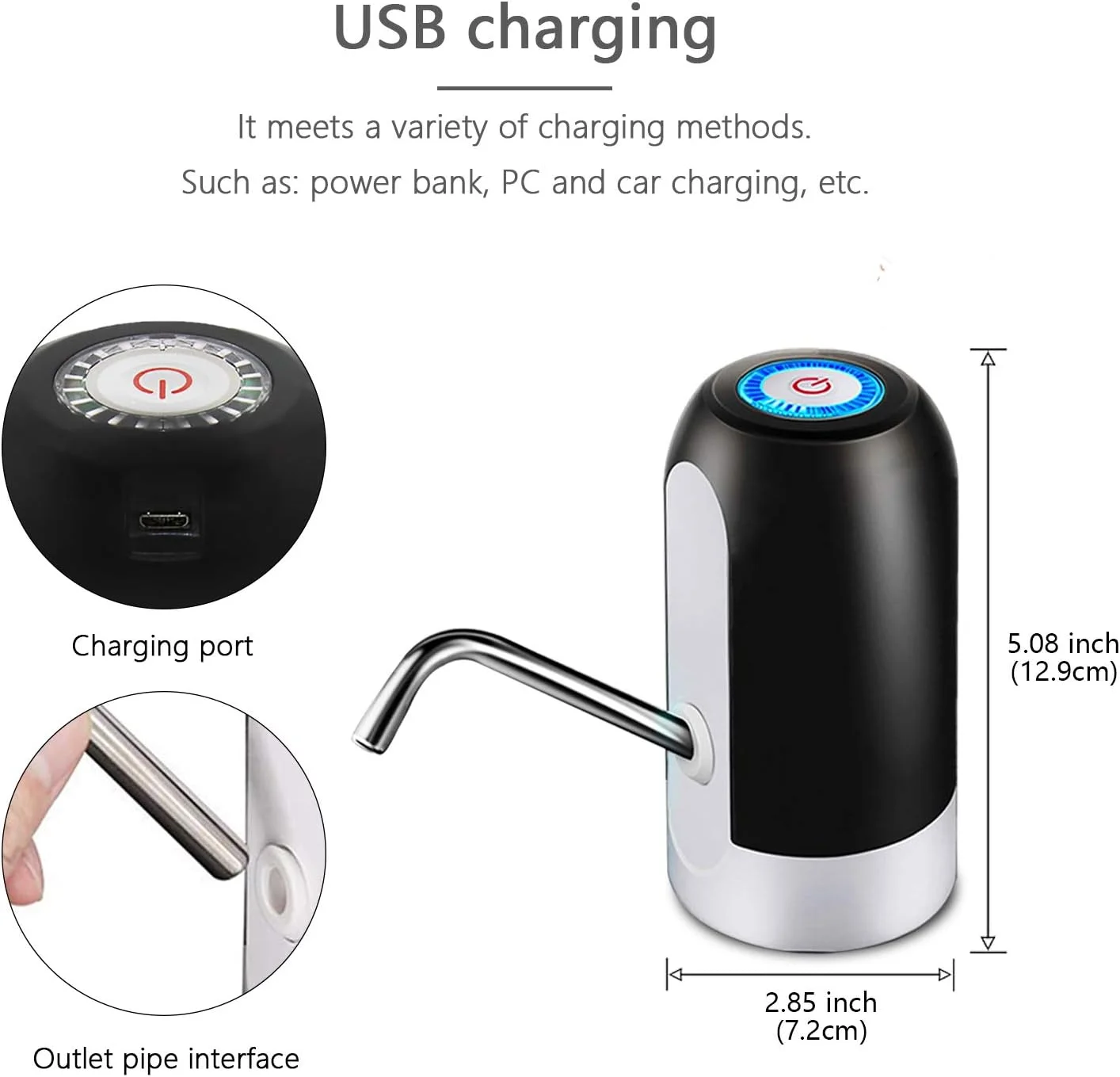 پمپ آب بطری برقی HUAPPNIO، پمپ نوشیدنی اتوماتیک قابل حمل هوشمند با شارژ USB برای استفاده در فضای داخلی و خارجی، مناسب برای بطری های گالنی یونیورسال، سفید مشکی پمپ آب بطری برقی HUAPPNIO، پمپ نوشیدنی اتوماتیک قابل حمل هوشمند با شارژ USB برای استفاده در فضای داخلی و خارجی، مناسب برای بطری های گالنی یونیورسال، سفید مشکی