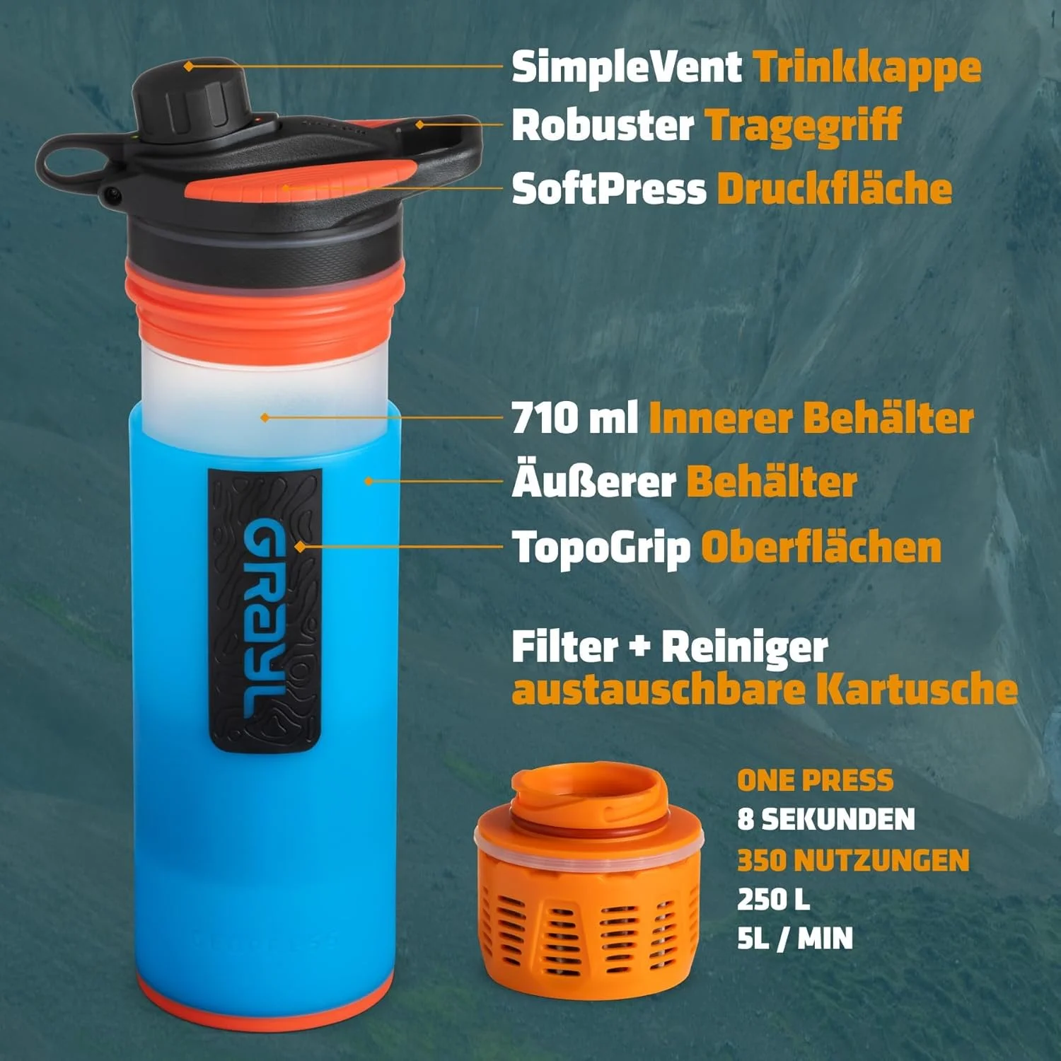 بطری تصفیه آب گری‌ال مدل Geopress، آبی بالی، 710 میلی لیتر