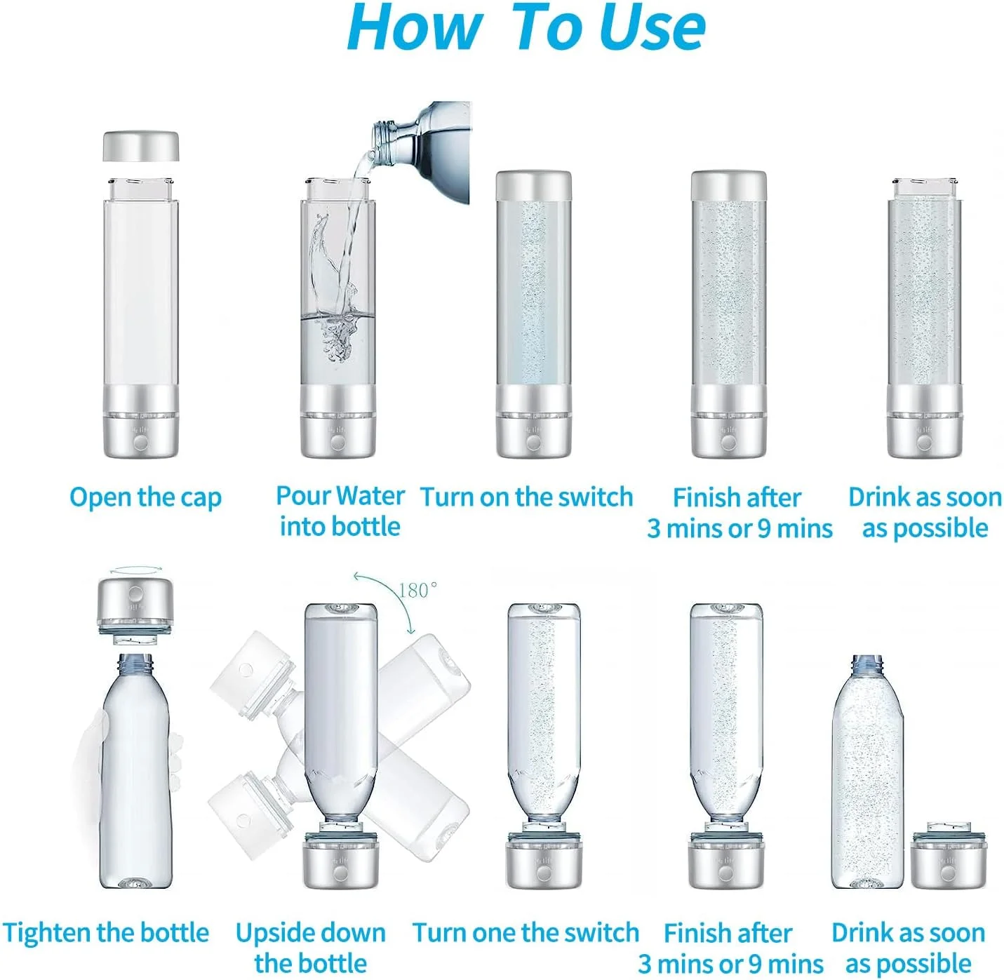 بطری آب ورزشی هیدروژنی H2 Life، تولید کننده حرفه ای آب غنی از هیدروژن با SPE و PEM، 320 میلی لیتر 3200PPB، دستگاه تولید آب هیدروژنه دو حالته یونیزه شده برای مسافرت، پیاده روی و شنا