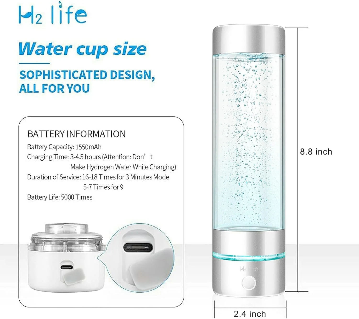 بطری آب ورزشی هیدروژنه H2 Life، تولید کننده حرفه ای آب غنی از هیدروژن با SPE و PEM، 320 میلی لیتر 3200PPB، دستگاه یونیزه کننده آب هیدروژنه دو حالته برای مسافرت، پیاده روی و شنا