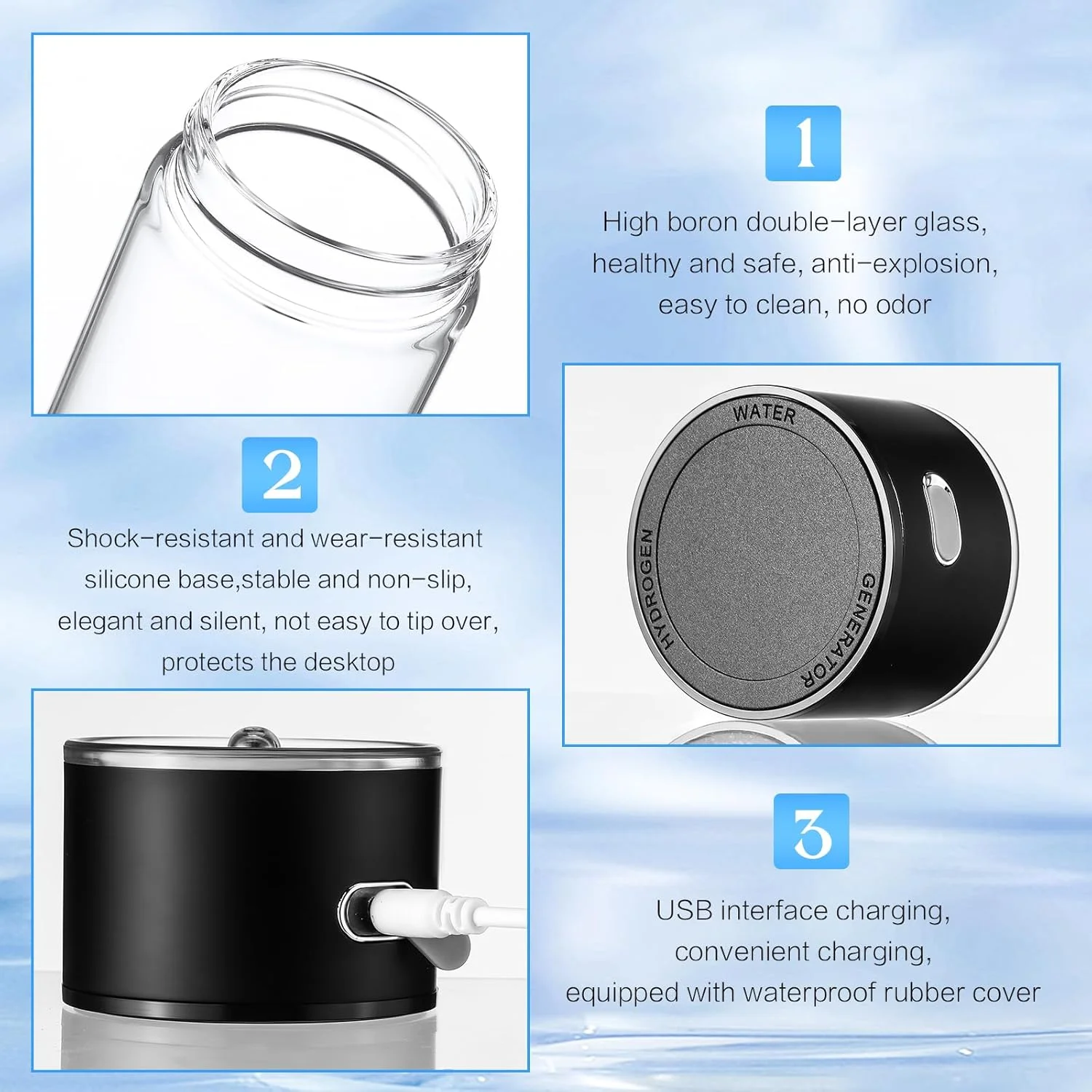 بطری آب هیدروژنه Honeydak Hydro Booster، ۴۲۰ میلی لیتر - دستگاه یونیزه قابل حمل، ژنراتور قابل شارژ USB برای خانه، دفتر، مسافرت (مشکی) بطری آب هیدروژنه Honeydak Hydro Booster، ۴۲۰ میلی لیتر - دستگاه یونیزه قابل حمل، ژنراتور قابل شارژ USB برای خانه، دفتر، مسافرت (مشکی)