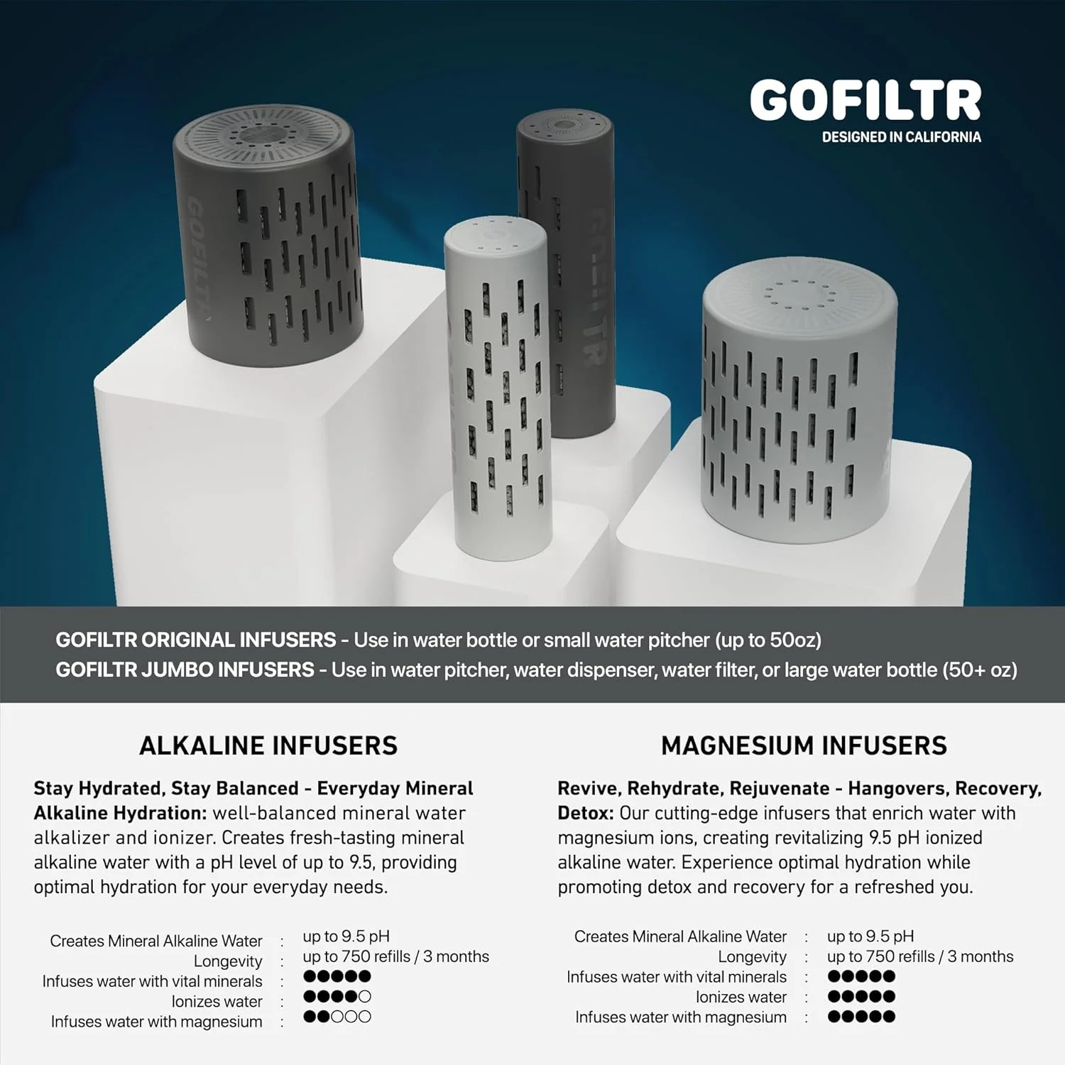 GOFILTR دستگاه تصفیه آب قلیایی - pH 9.5 + الکترولیت برای هر بطری/پارچ کوچک، 750 بار استفاده مجدد / 3 ماه، دستگاه تصفیه معدنی یونیزه (1 بسته) GOFILTR دستگاه تصفیه آب قلیایی - pH 9.5 + الکترولیت برای هر بطری/پارچ کوچک، 750 بار استفاده مجدد / 3 ماه، دستگاه تصفیه معدنی یونیزه (1 بسته)