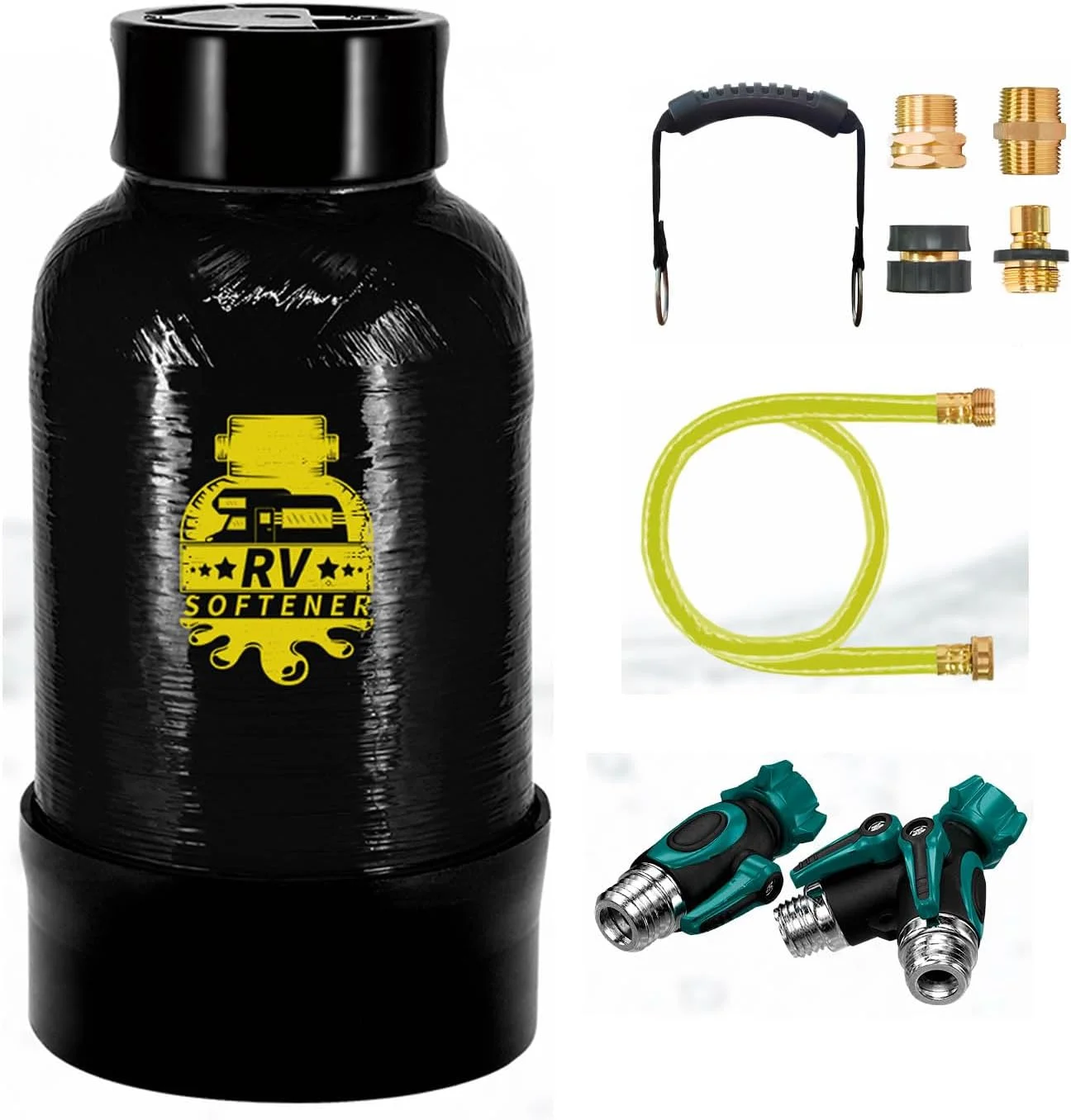 سختی گیر آب قابل حمل Filterelated RV - 16000 گرین به همراه اتصالات برنجی 3/4 اینچی و شلنگ سفارشی، سیستم فیلتر آب سخت برای RV، قایق، کارواش های سیار، شستشوی تحت فشار