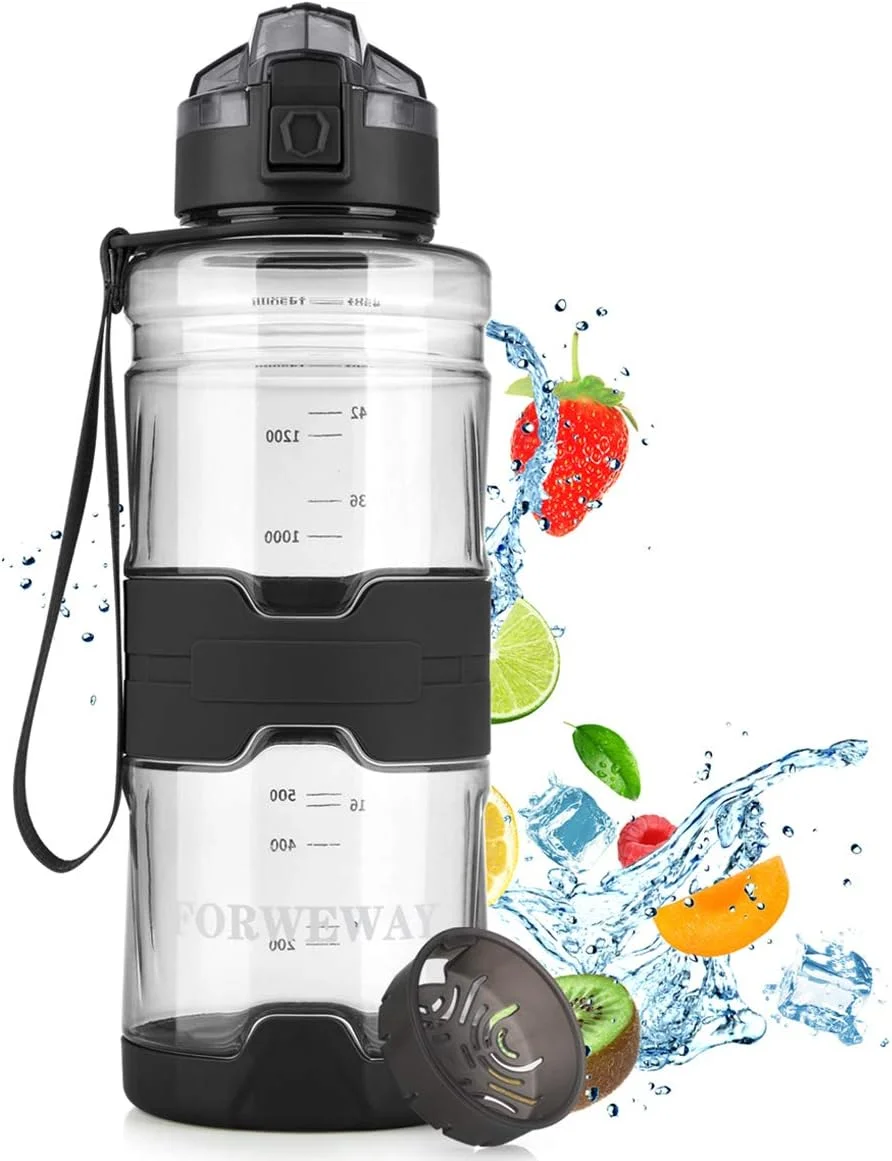 بطری آب بزرگ فوروی بدون BPA، پلاستیکی تریتان ضد نشت با فیلتر، قابل استفاده مجدد، بادوام برای تناسب اندام، کمپینگ در فضای باز، پیاده روی (مشکی)