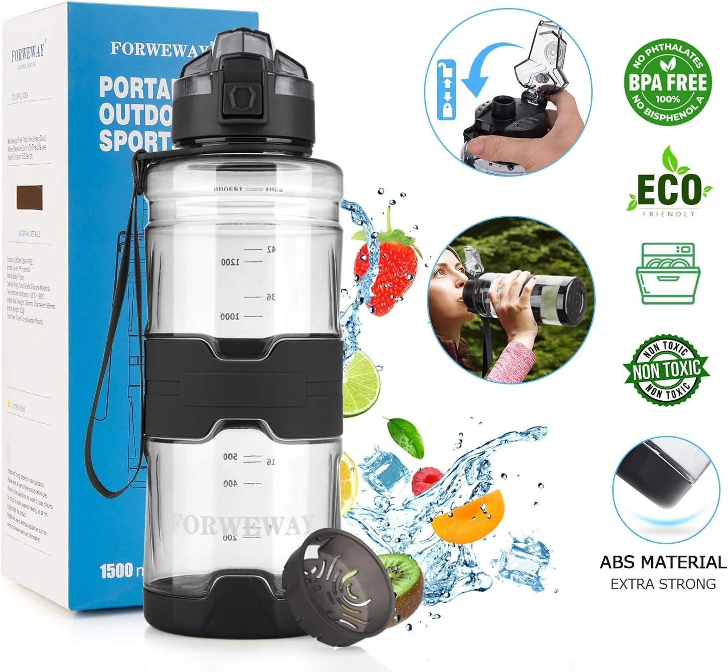 بطری آب بزرگ فوروی بدون BPA، پلاستیکی تریتان ضد نشت با فیلتر، قابل استفاده مجدد، بادوام برای تناسب اندام، کمپینگ در فضای باز، پیاده روی (مشکی)