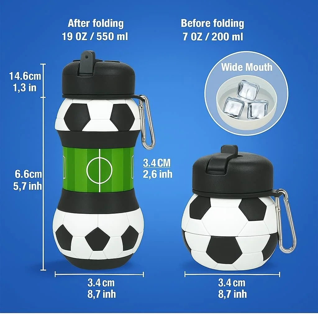 بطری آب فوتبال برای پسران و دختران به همراه گیره کارابین - بطری ورزشی قابل حمل و ضد نشت برای کودکان، بدون BPA، قمقمه مسافرتی قابل استفاده مجدد (550 میلی لیتر - 19 اونس)