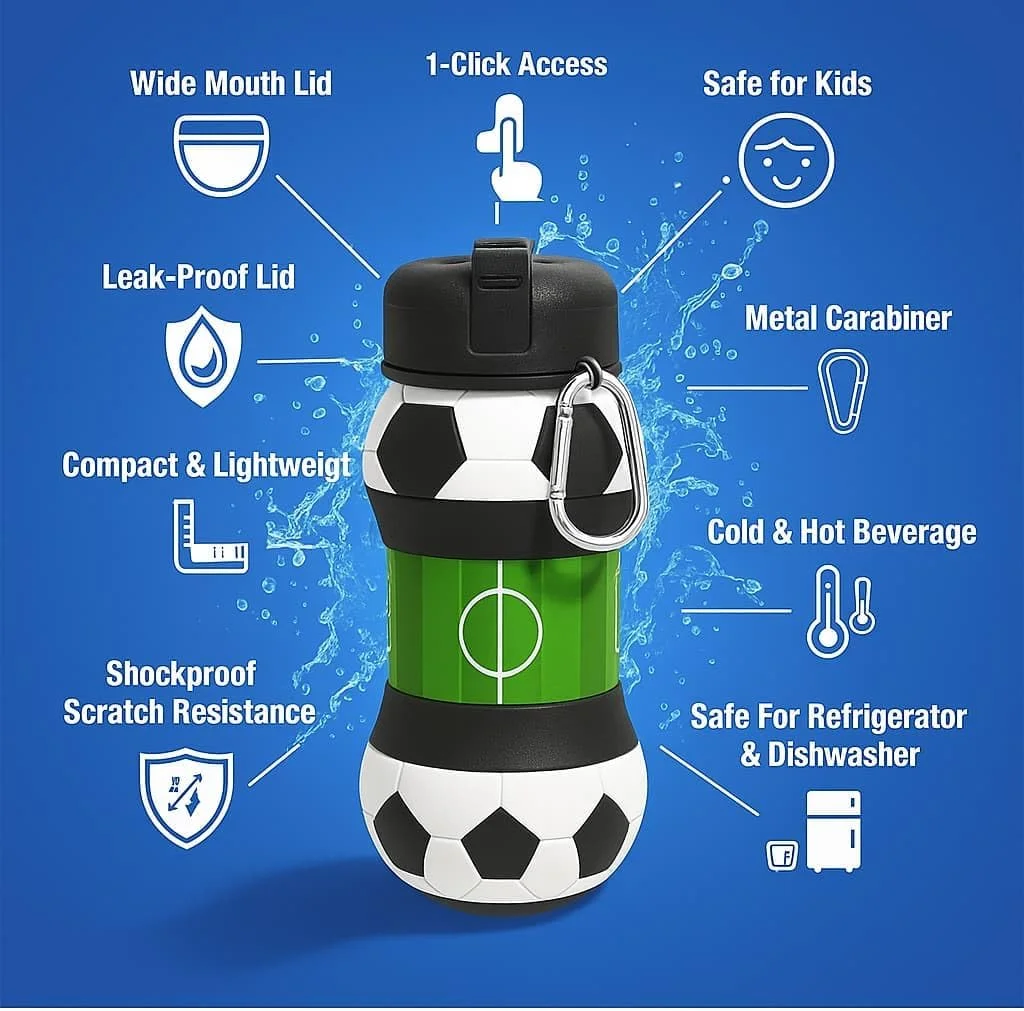 بطری آب فوتبال برای پسران و دختران به همراه گیره کارابین - بطری ورزشی قابل حمل و ضد نشت برای کودکان، بدون BPA، قمقمه مسافرتی قابل استفاده مجدد (550 میلی لیتر - 19 اونس)