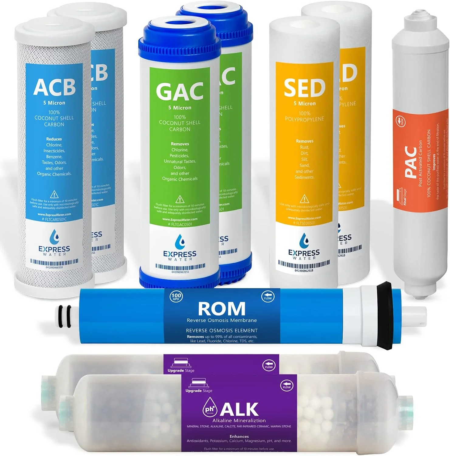 Express Water FLTSETALK1010 - مجموعه تعویض سیستم اسمز معکوس قلیایی 1 ساله - غشای RO 10 100 GPD - فیلترهای آب 10 اینچی، سفید