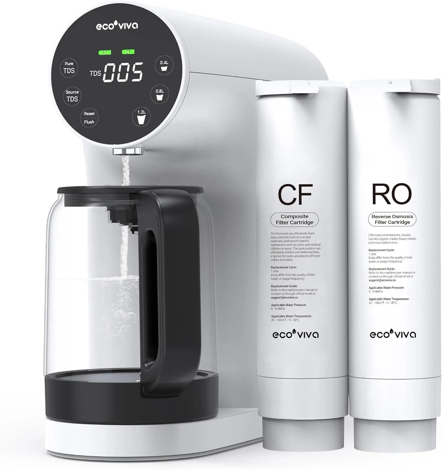 سیستم تصفیه آب اسمز معکوس رومیزی اکوویوا، دستگاه تصفیه آب RO قابل حمل با فیلتراسیون 4 مرحله ای، نسبت پساب به آب خالص 3:1، دارای TDS متر، جریان خروجی سریعتر، نصب و استفاده آسان - سفید