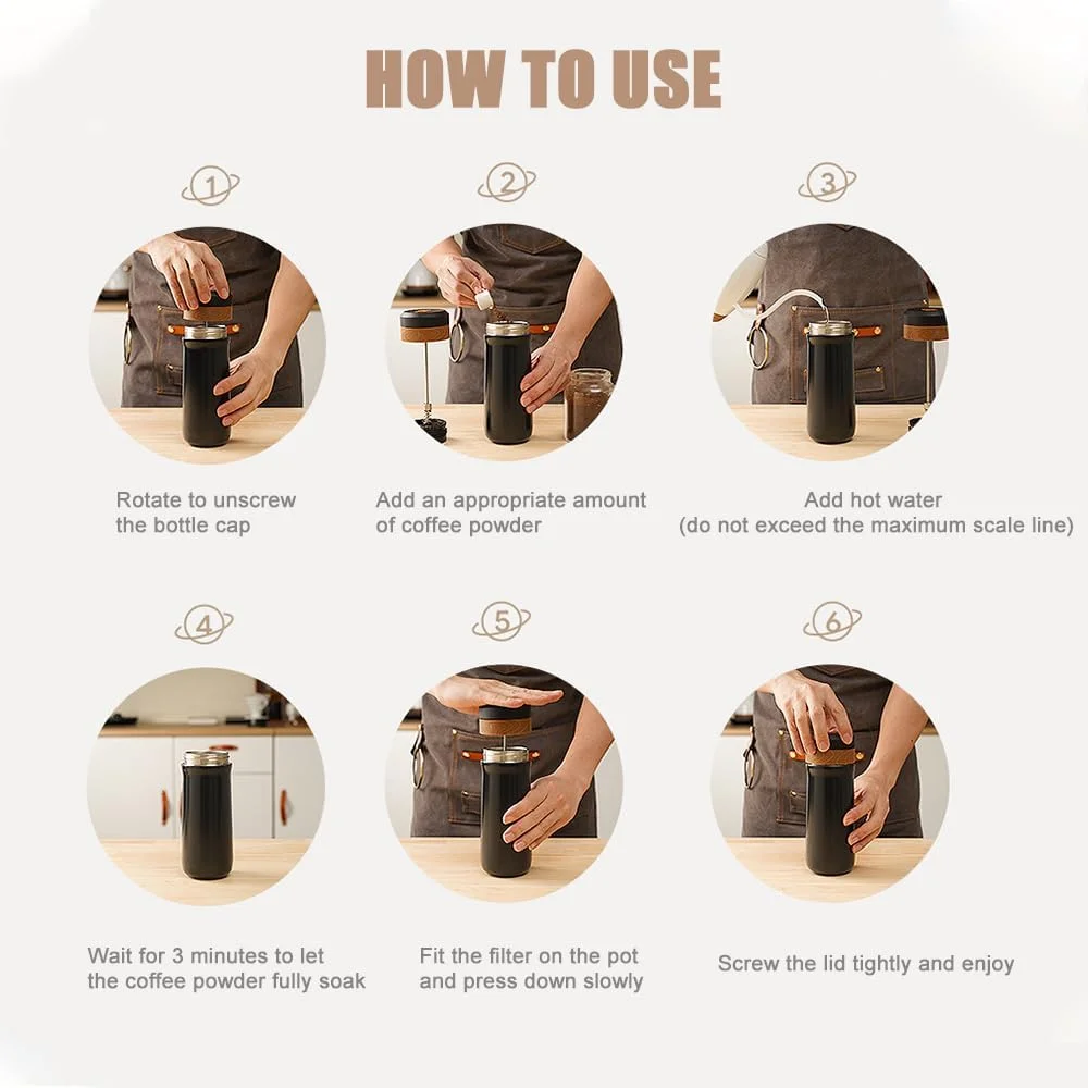 قهوه ساز فرنچ پرس مسافرتی Eacam با فیلتر توری دو لایه، استیل ضد زنگ دو جداره عایق خلاء، فنجان قهوه ساز برای قهوه و چای، ماگ فرنچ پرس قابل حمل برای مسافرت و محل کار