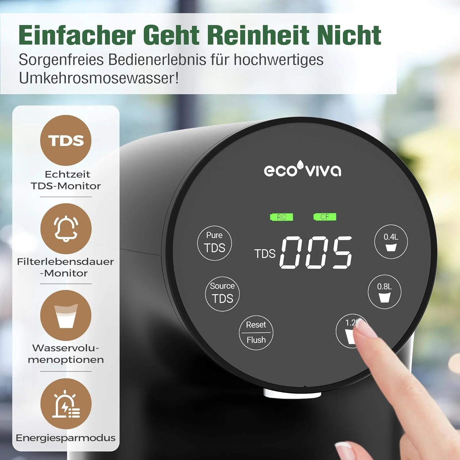 دستگاه تصفیه آب اسمز معکوس رومیزی اکوویوا مدل WP-RO-200G، دارای فیلتراسیون 4 مرحله ای، نمایشگر TDS لحظه ای، نسبت پساب 3:1، فیلتر آب اسمز معکوس قابل حمل دستگاه تصفیه آب اسمز معکوس رومیزی اکوویوا مدل WP-RO-200G، دارای فیلتراسیون 4 مرحله ای، نمایشگر TDS لحظه ای، نسبت پساب 3:1، فیلتر آب اسمز معکوس قابل حمل