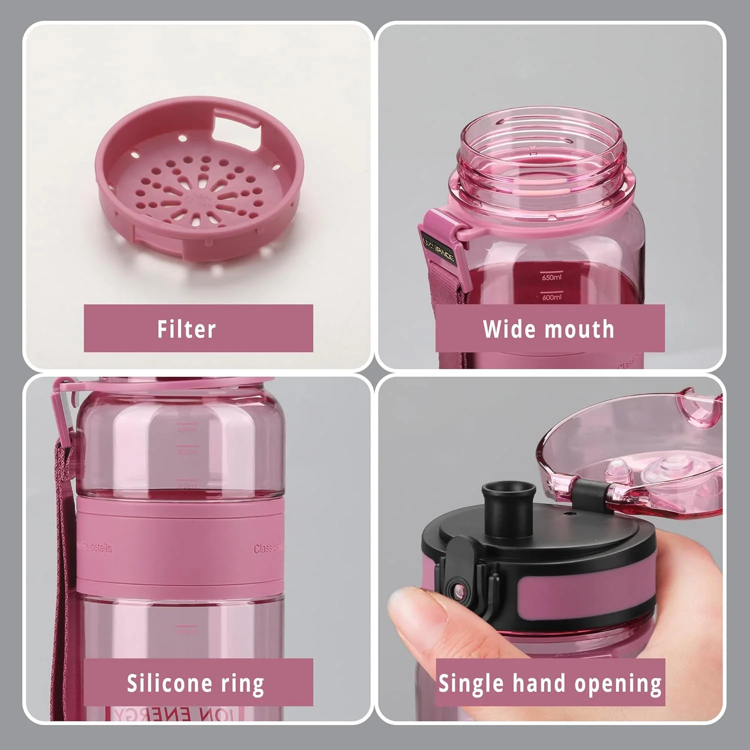 بطری آب آشامیدنی | بطری آب برای مردان، زنان و کودکان | ضد نشت، بدون BPA، مناسب یوگا، باشگاه و دویدن، دارای قفل یک کلیکی | بطری آب ورزشی تریتان ضد افتادن (650 میلی لیتر، قرمز آلویی)