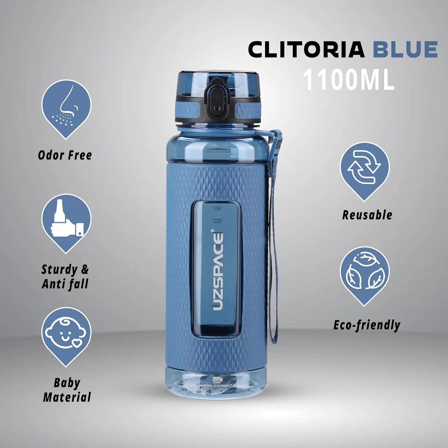 Drinking Water Bottle | Water Bottle for Men, Women & Kids | Leakproof BPA Free Yoga & Gym Running Water Bottle with One-Click Lock | Anti-Fall Tritan Sports Water Bottle (1100-ml, Clitoria Blue)