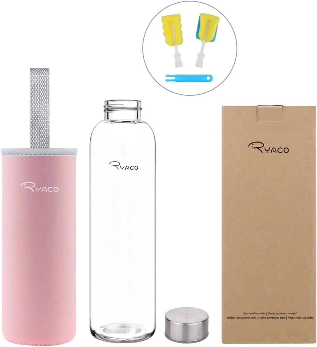 بطری آب شیشه ای بوروسیلیکات RYACO 1000ml/1L بدون BPA و ضد نشت، ایده آل برای مدرسه، خانه، دفتر، مسافرت، ورزش، یوگا، باشگاه، نوشیدنی های گرم و سرد به همراه آستین نئوپرن قابل حمل و برس اسفنجی بطری آب شیشه ای بوروسیلیکات RYACO 1000ml/1L بدون BPA و ضد نشت، ایده آل برای مدرسه، خانه، دفتر، مسافرت، ورزش، یوگا، باشگاه، نوشیدنی های گرم و سرد به همراه آستین نئوپرن قابل حمل و برس اسفنجی