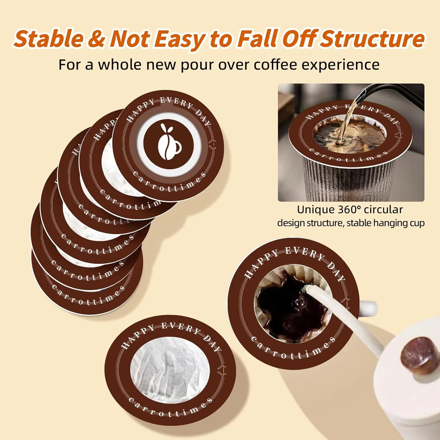 فیلتر قهوه یکبار مصرف یوفو Carrottimes، بسته 20 عددی، فیلتر قهوه قابل حمل، فیلتر کاغذی کوچک برای قهوه قطره ای، ایده آل برای کمپینگ، خانه، دفتر، مسافرت (قهوه ای)