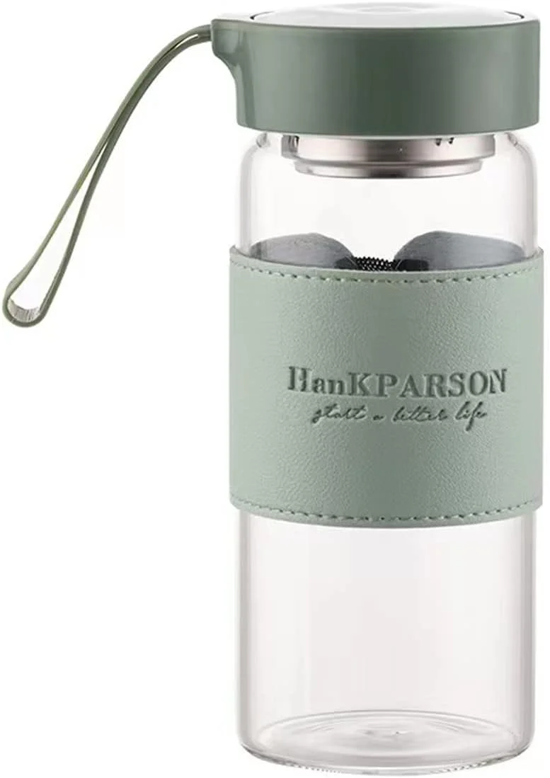 بطری آب شیشه ای Aurfedes، 16 اونس، بطری آب بوروسیلیکات - با درب آب بندی، هولستر و فیلتر - بدون BPA، بطری شیشه ای قابل حمل مردانه و زنانه (سبز)