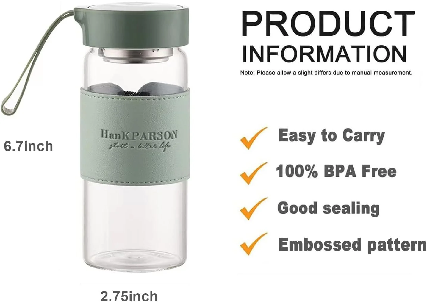 بطری آب شیشه ای Aurfedes، 16 اونس، بطری آب بوروسیلیکات - با درب آب بندی، هولستر و فیلتر - بدون BPA، بطری شیشه ای قابل حمل مردانه و زنانه (سبز) بطری آب شیشه ای Aurfedes، 16 اونس، بطری آب بوروسیلیکات - با درب آب بندی، هولستر و فیلتر - بدون BPA، بطری شیشه ای قابل حمل مردانه و زنانه (سبز)