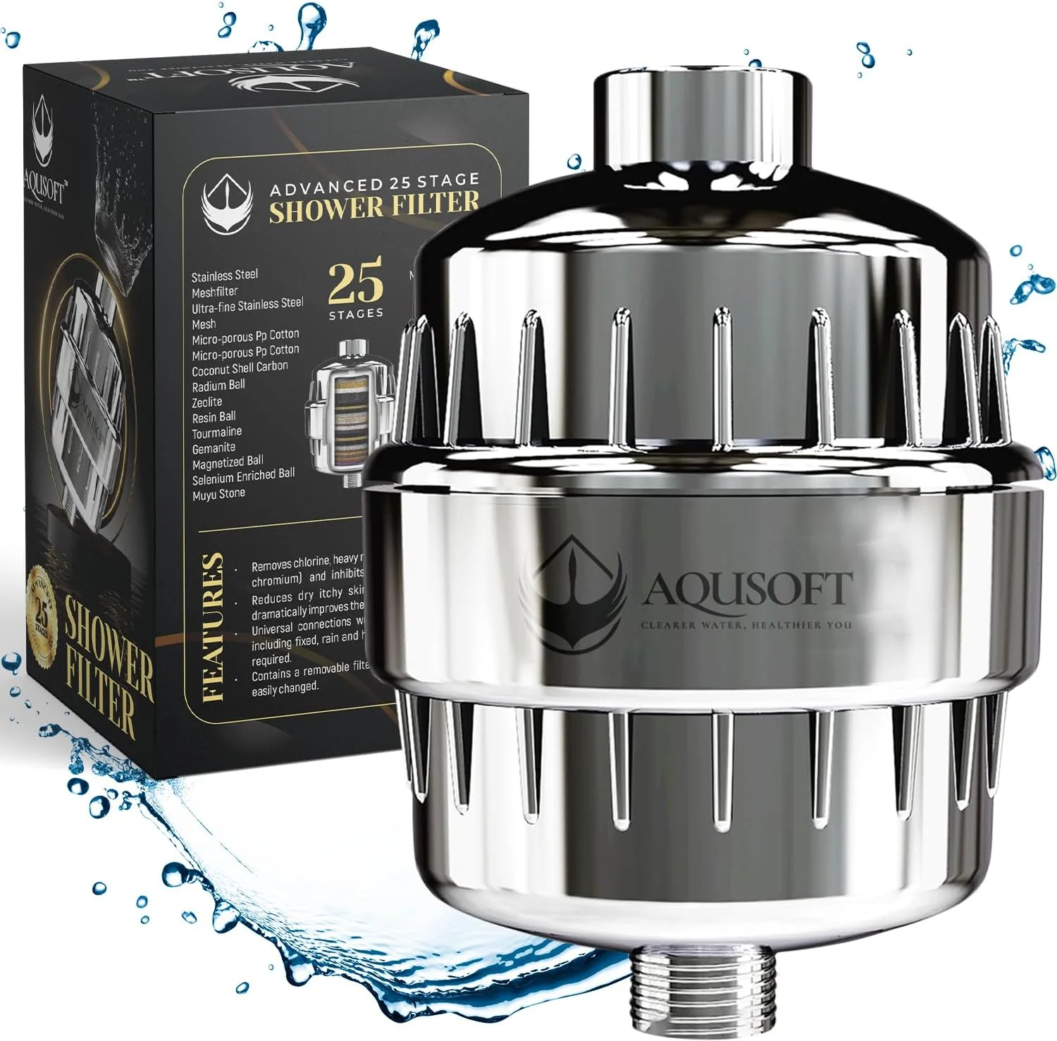 فیلتر آب دوش 25 مرحله ای پیشرفته AQUSOFT - حذف 99.9٪ کلر، فلزات سنگین و ناخالصی های آب سخت | بهبود پوست، کاهش اگزما و شوره سر | فیلتر سر دوش با نصب جهانی