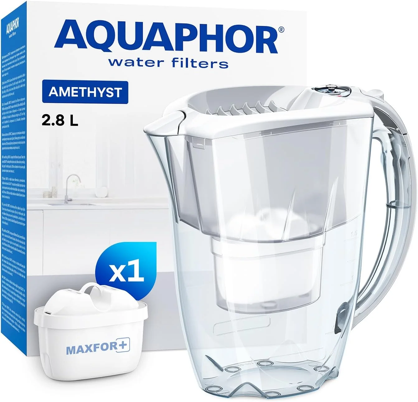 پارچ تصفیه آب آکوآفر مدل Amethyst به همراه 1 عدد فیلتر MAXFOR+ با ظرفیت 200 لیتر - ظرفیت 2.8 لیتر - سفید