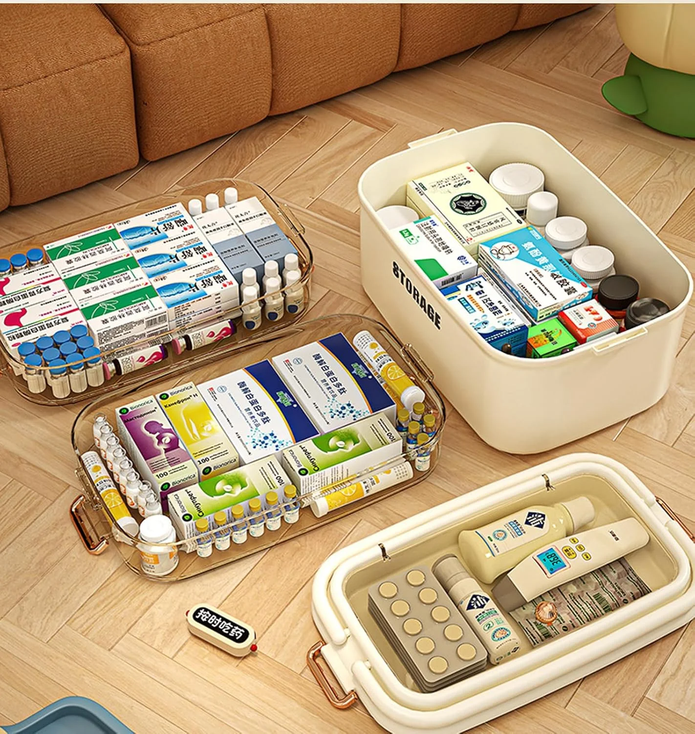 جعبه نگهداری دارو U-HOOME، جعبه بزرگ پلاستیکی سازمان دهنده قرص با محفظه و دسته، جعبه کمک های اولیه، جعبه اضطراری خانگی دارو، سازمان دهنده نگهداری مهره/اسباب بازی/جواهرات (کرم)