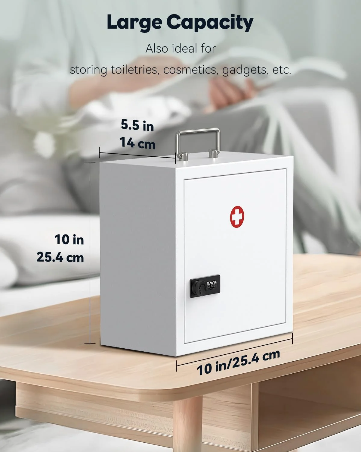 جعبه کمک های اولیه قفل دار دیواری Uniclife با قفل ترکیبی و دستگیره، سازمان دهنده دارو متوسط، جعبه فلزی سفید