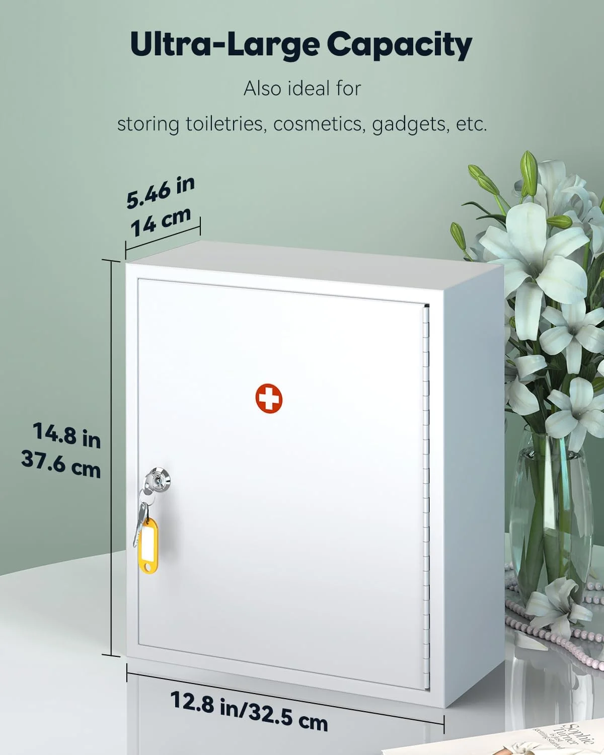 جعبه کمک های اولیه دیواری Uniclife با قفل کلیدی، سازمان دهنده دارویی با ظرفیت بالا، جعبه فلزی سفید رنگ