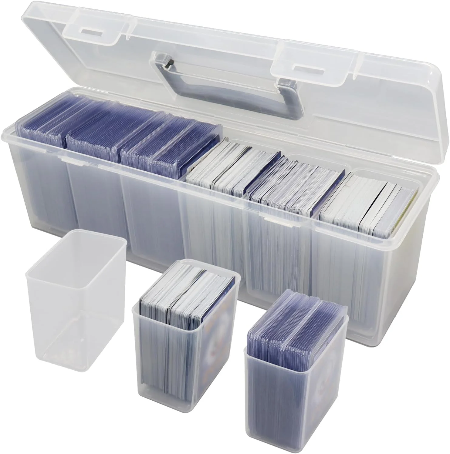 جعبه نگهداری کارت های بازی TERRIFI با دسته، مجموعه 7 عددی، پلاستیک شفاف، گنجایش بیش از 180 کارت با محافظ یا 1000+ کارت بدون محافظ، سازگار با کارت های ورزشی، بازی، MTG، بیسبال و فوتبال جعبه نگهداری کارت های بازی TERRIFI با دسته، مجموعه 7 عددی، پلاستیک شفاف، گنجایش بیش از 180 کارت با محافظ یا 1000+ کارت بدون محافظ، سازگار با کارت های ورزشی، بازی، MTG، بیسبال و فوتبال