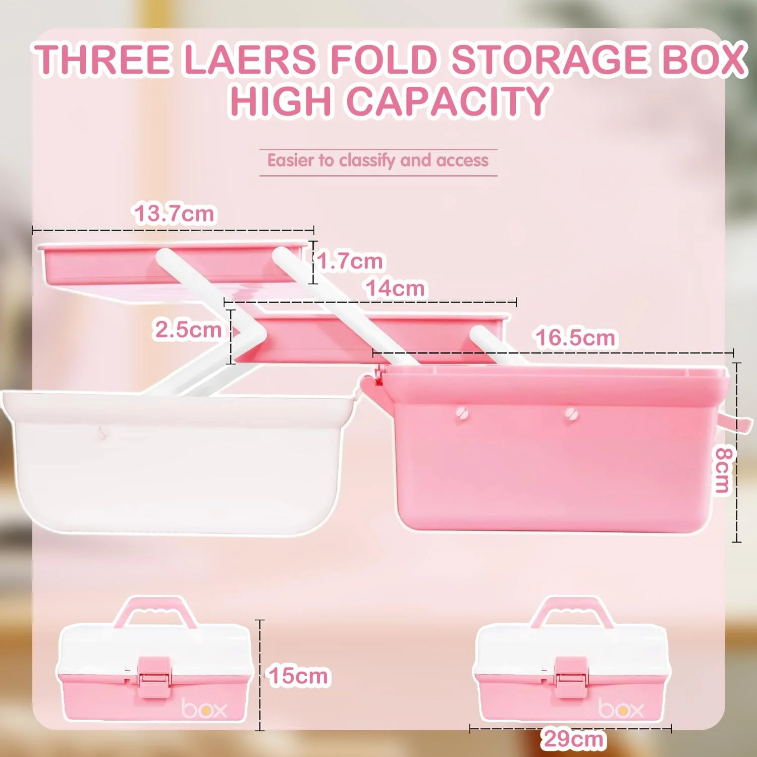 جعبه ابزار تاشو 30 سانتی متری سه لایه چند منظوره / جعبه لوازم هنری / جعبه لوازم خیاطی / جعبه کمک های اولیه خانواده / جعبه نگهداری دارو با 2 سینی (صورتی)