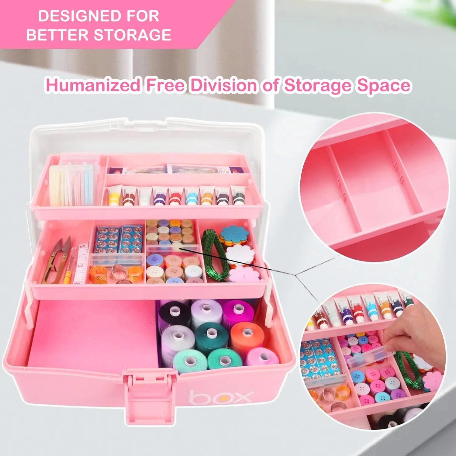 جعبه ابزار تاشو 30 سانتی متری سه لایه چند منظوره / جعبه لوازم هنری / جعبه لوازم خیاطی / جعبه کمک های اولیه خانواده / جعبه نگهداری دارو با 2 سینی (صورتی)