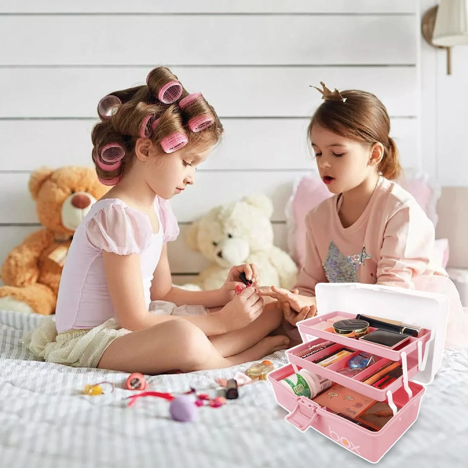 جعبه ابزار تاشو 30 سانتی متری سه لایه چند منظوره / جعبه لوازم هنری / جعبه لوازم خیاطی / جعبه کمک های اولیه خانواده / جعبه نگهداری دارو با 2 سینی (صورتی)