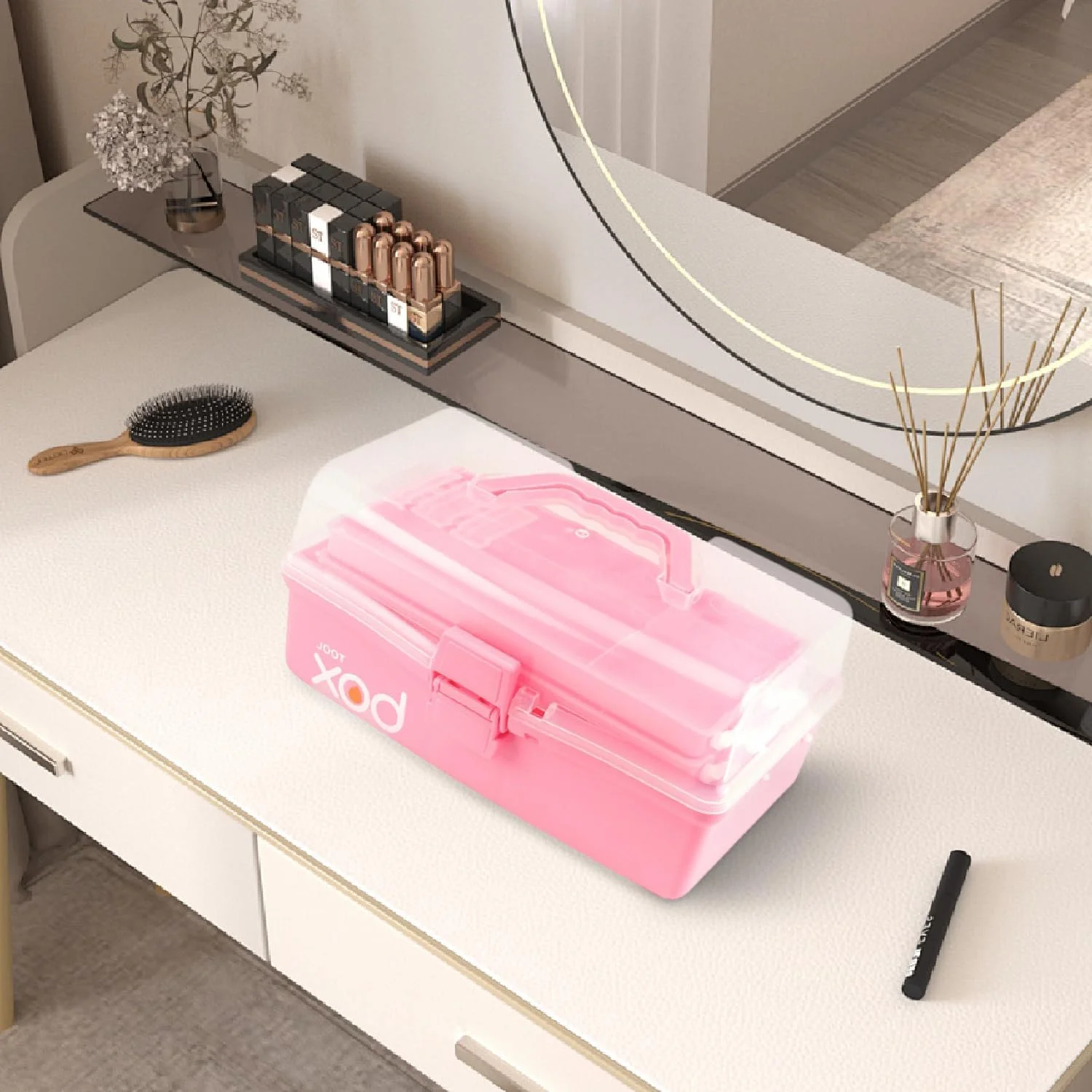 جعبه ابزار تاشو 30 سانتی متری سه لایه چند منظوره / جعبه لوازم هنری / جعبه لوازم خیاطی / جعبه کمک های اولیه خانواده / جعبه نگهداری دارو با 2 سینی (صورتی)