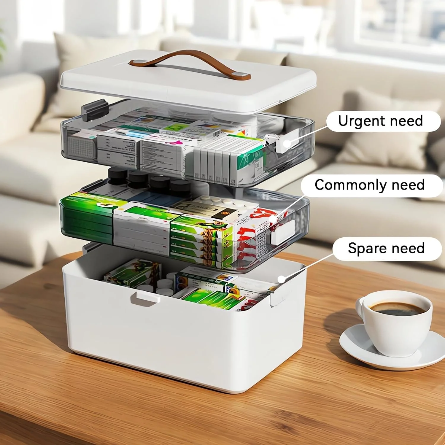 جعبه کمک های اولیه سه طبقه SPNOR - کابینت دارویی قابل حمل با دسته چرمی، جعبه نگهداری دارو، جعبه کمک های اولیه خالی قابل حمل برای منزل