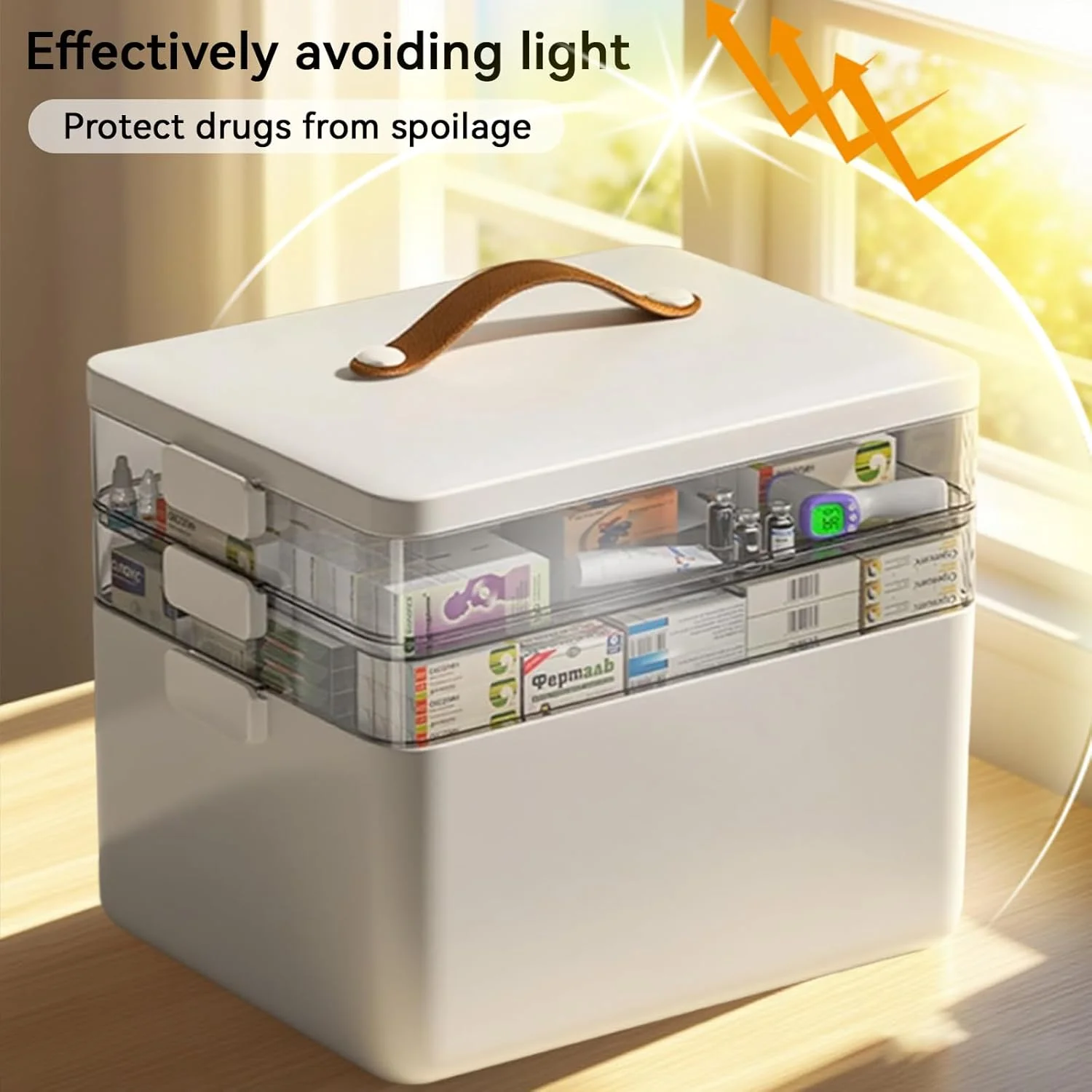 جعبه کمک های اولیه سه طبقه SPNOR - کابینت دارویی قابل حمل با دسته چرمی، جعبه نگهداری دارو، جعبه کمک های اولیه خالی قابل حمل برای منزل