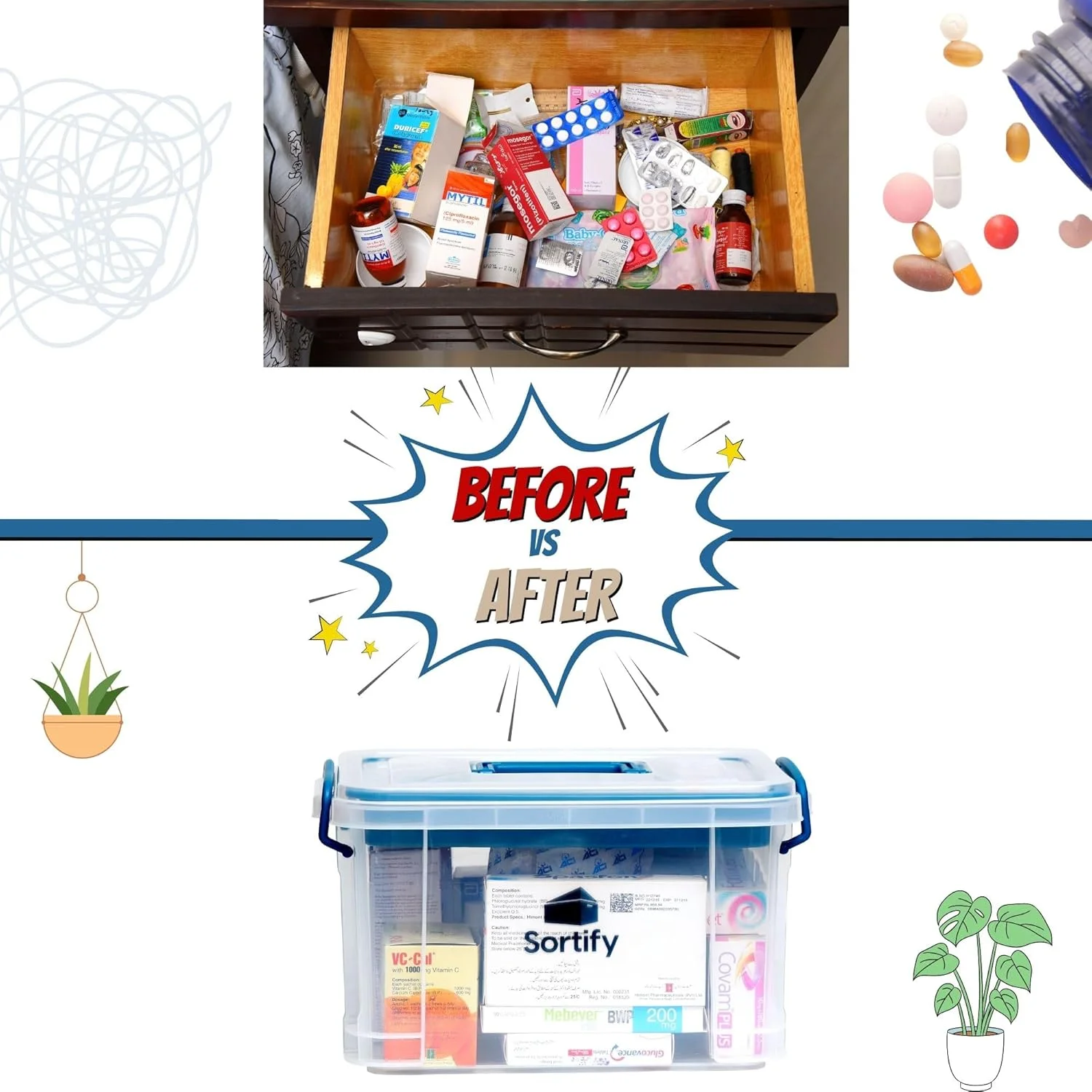 جعبه نظم دهنده دارو Sortify، با جعبه بزرگ نظم دهنده دارو با ابعاد 33x24x19 سانتی متر منظم بمانید، جعبه نگهداری دارو پلاستیکی شفاف با سینی 10 قسمتی، کابینت دارو با ظرفیت بیش از 50 دارو جعبه نظم دهنده دارو Sortify، با جعبه بزرگ نظم دهنده دارو با ابعاد 33x24x19 سانتی متر منظم بمانید، جعبه نگهداری دارو پلاستیکی شفاف با سینی 10 قسمتی، کابینت دارو با ظرفیت بیش از 50 دارو