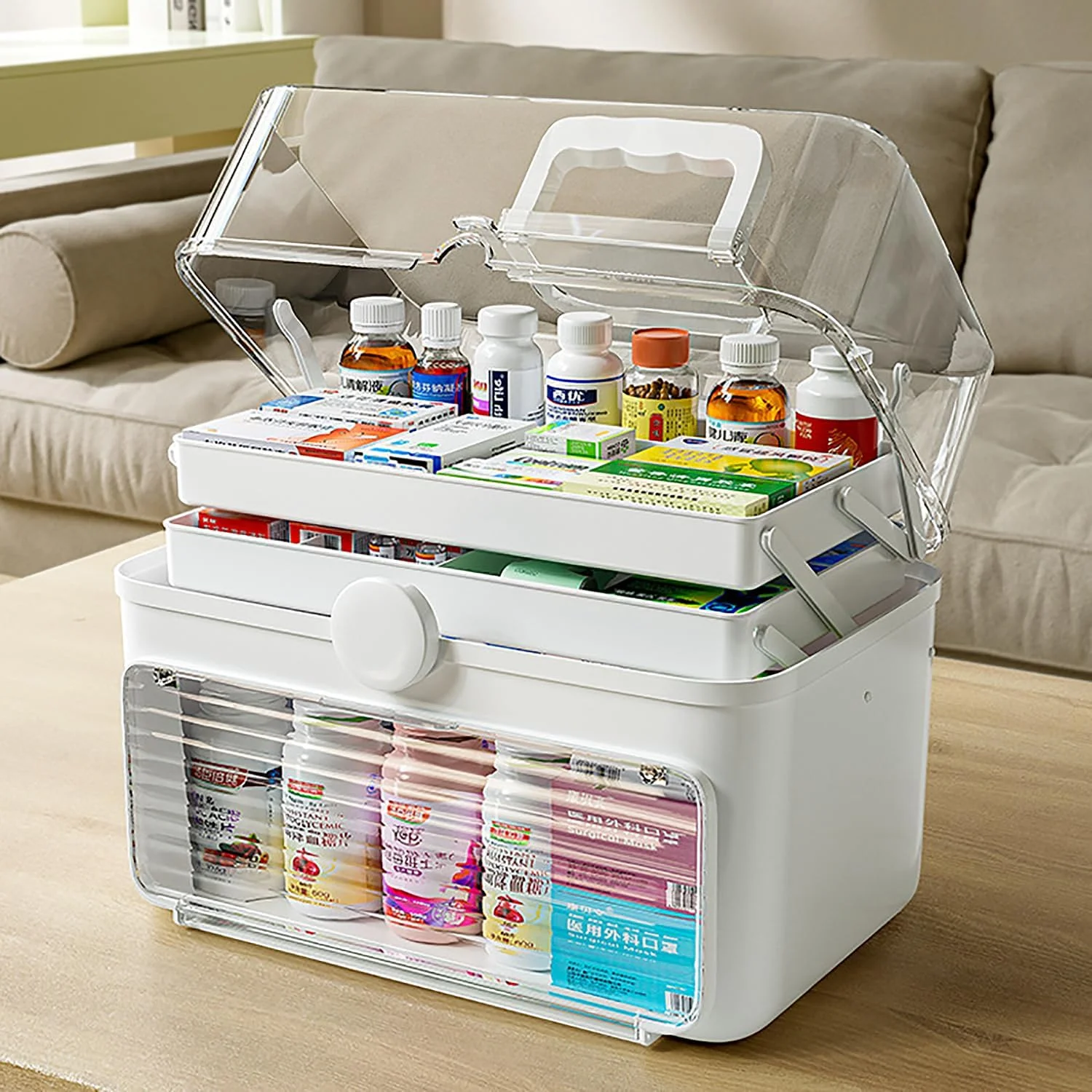 ظروف نگهداری قابل حمل 3 طبقه SPNOR، جعبه قرص با دسته و محفظه، جعبه کمک های اولیه و جعبه نگهداری اسباب بازی/جواهرات، 35 * 22.5 * 26.3 سانتی متر