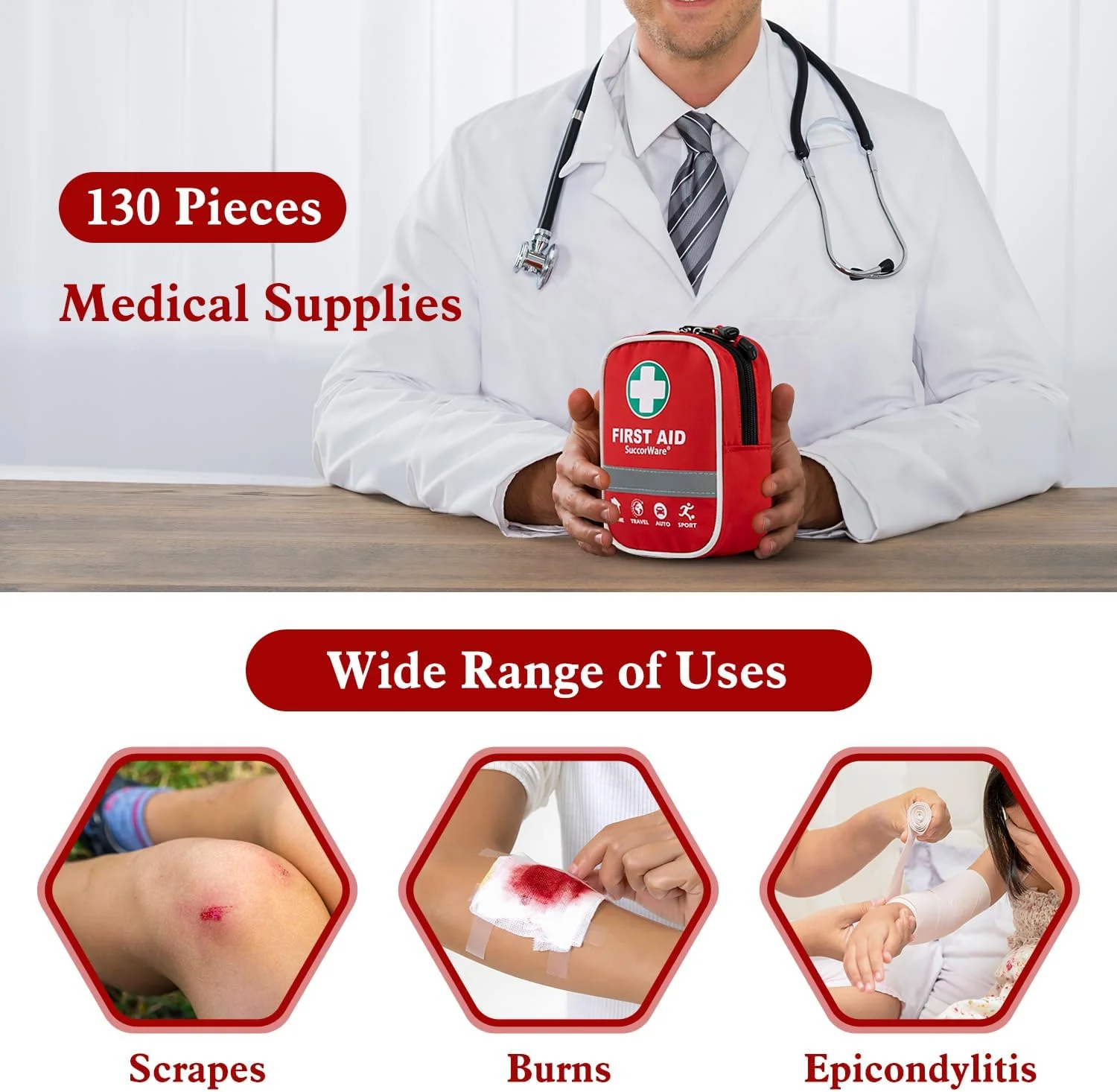 جعبه کمک های اولیه 130 تکه SuccorWare با لوازم پزشکی درجه بیمارستانی - شامل پتوی اضطراری، باند - عالی برای خانه، فضای باز، دفتر، ماشین، مسافرت، کمپینگ، پیاده روی، قایق سواری