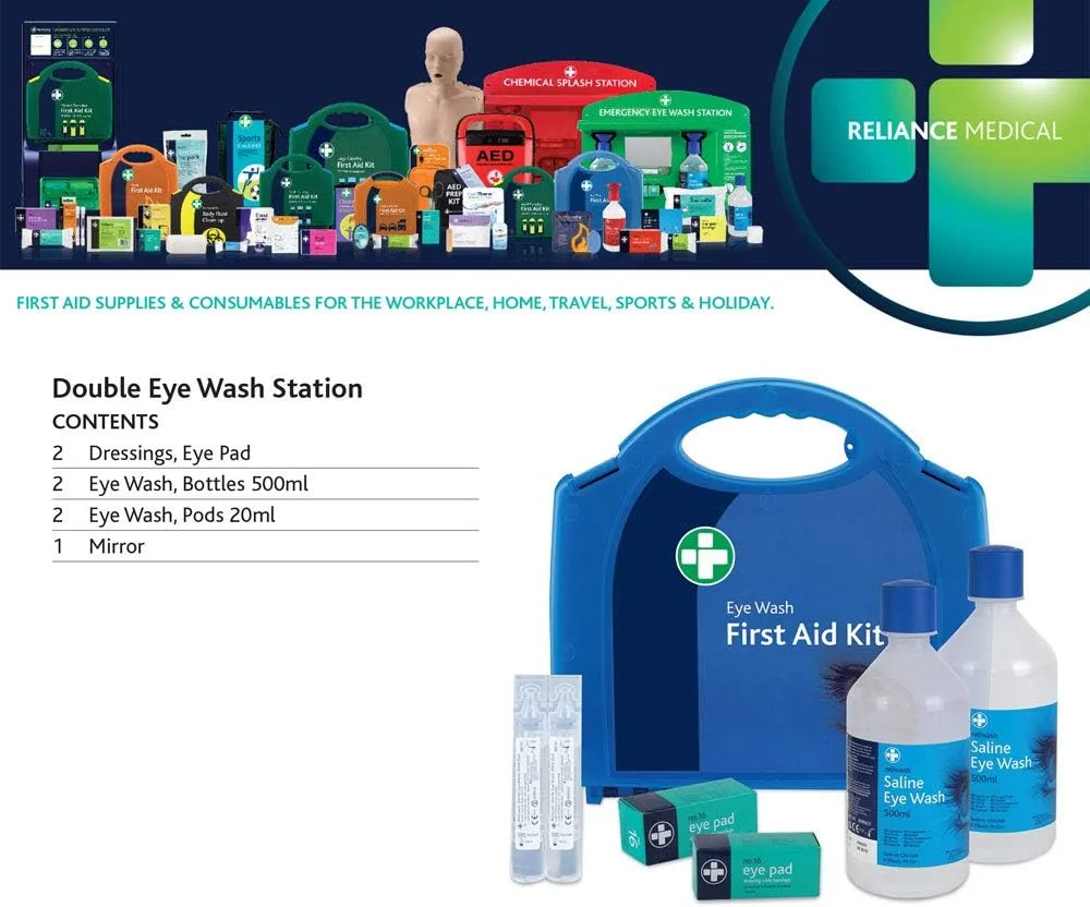 جعبه کمک های اولیه شستشوی چشم Reliance Medical - دو عدد بطری 500 میلی لیتری Reliwash، آینه، دو عدد محلول استریل سالین 20 میلی لیتری و پد چشمی جعبه کمک های اولیه شستشوی چشم Reliance Medical - دو عدد بطری 500 میلی لیتری Reliwash، آینه، دو عدد محلول استریل سالین 20 میلی لیتری و پد چشمی