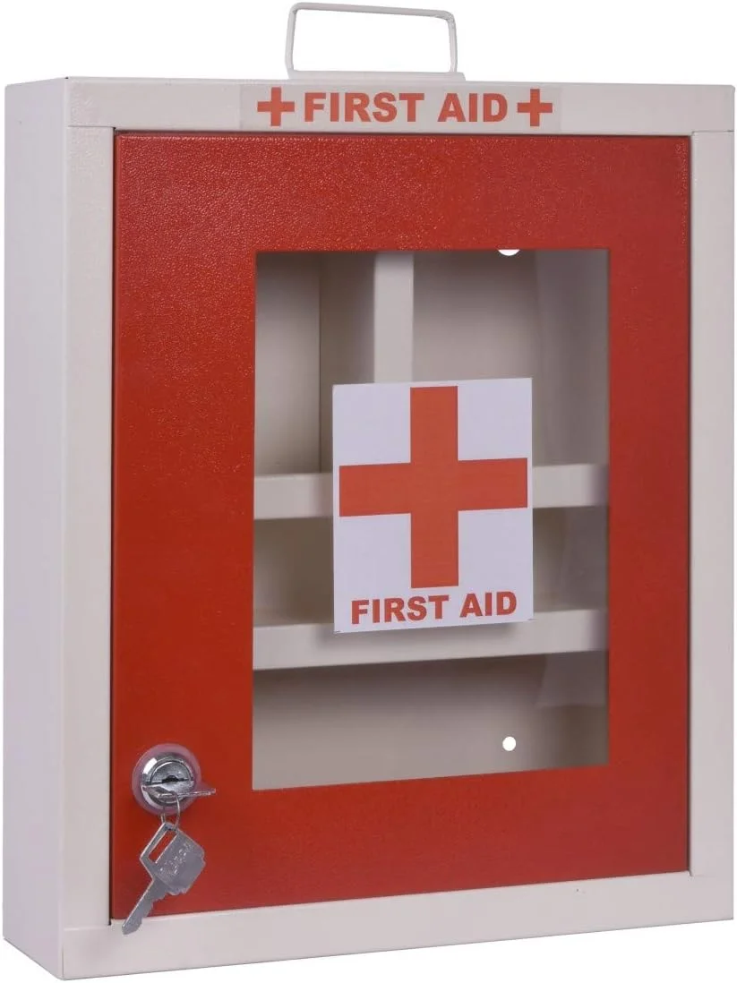 جعبه کمک های اولیه پلنتکس / جعبه پزشکی / جعبه کمک های اولیه اضطراری / جعبه نگهداری دارو برای خانه، مدرسه و دفتر با محفظه های متعدد - (قرمز و عاجی) - نصب دیواری - فلز GI