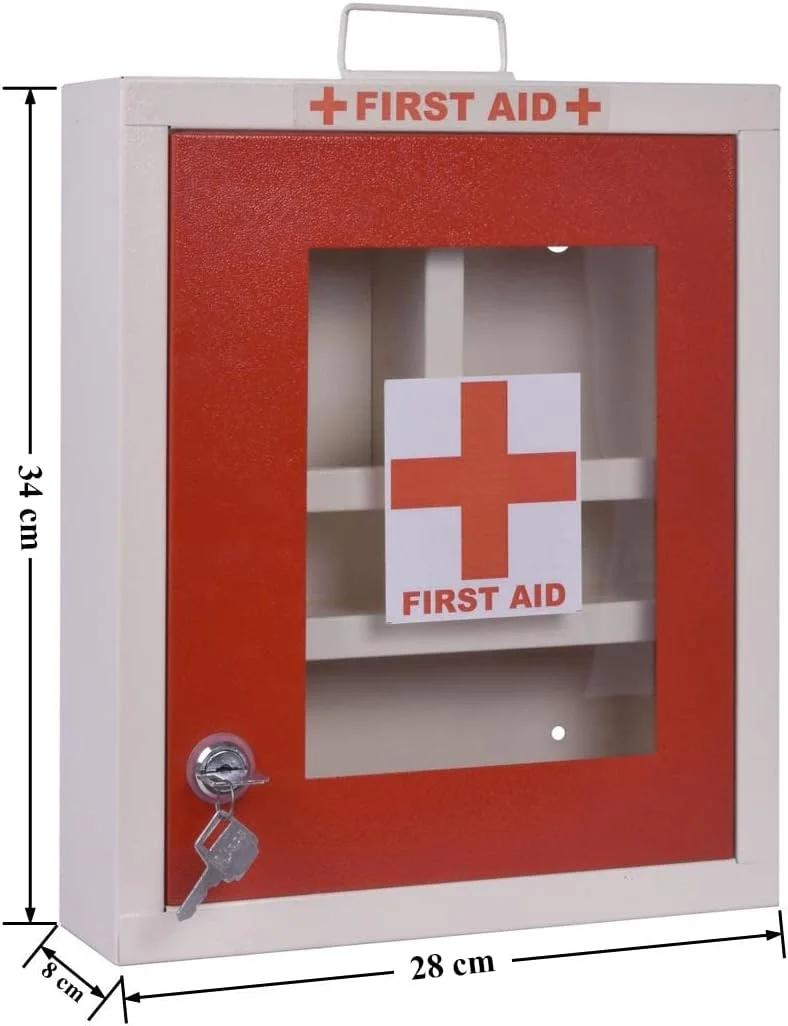 جعبه کمک های اولیه پلنتکس / جعبه پزشکی / جعبه کمک های اولیه اضطراری / جعبه نگهداری دارو برای خانه، مدرسه و دفتر با محفظه های متعدد - (قرمز و عاجی) - نصب دیواری - فلز GI