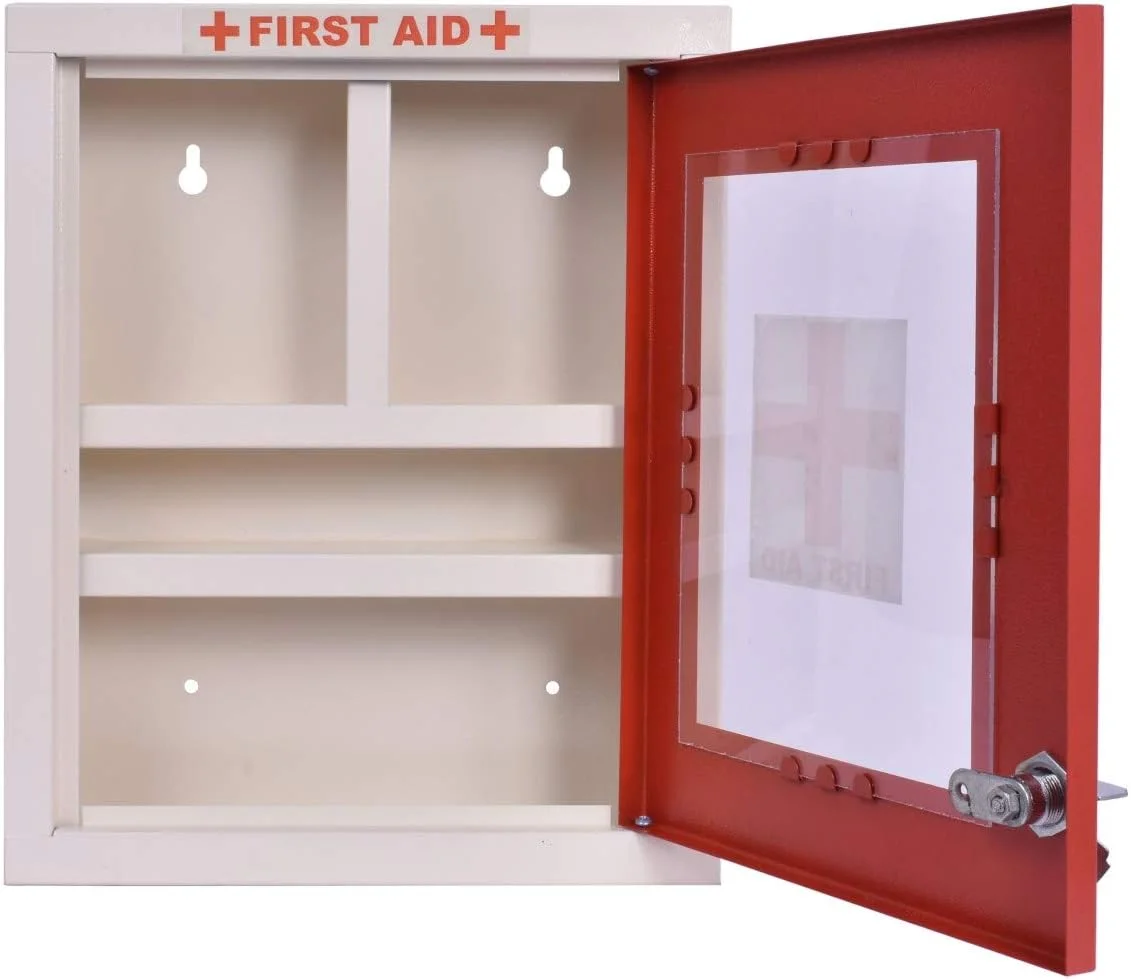جعبه کمک های اولیه پلنتکس / جعبه پزشکی / جعبه کمک های اولیه اضطراری / جعبه نگهداری دارو برای خانه، مدرسه و دفتر با محفظه های متعدد - (قرمز و عاجی) - نصب دیواری - فلز GI