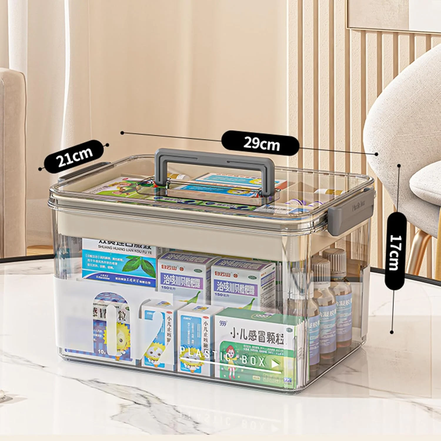 جعبه کمک های اولیه پلاستیکی شفاف HAENJA با 2 لایه، جعبه نگهداری کیت اضطراری قابل حمل با دسته، سازمان دهنده جعبه دارویی خانگی (خاکستری شفاف)