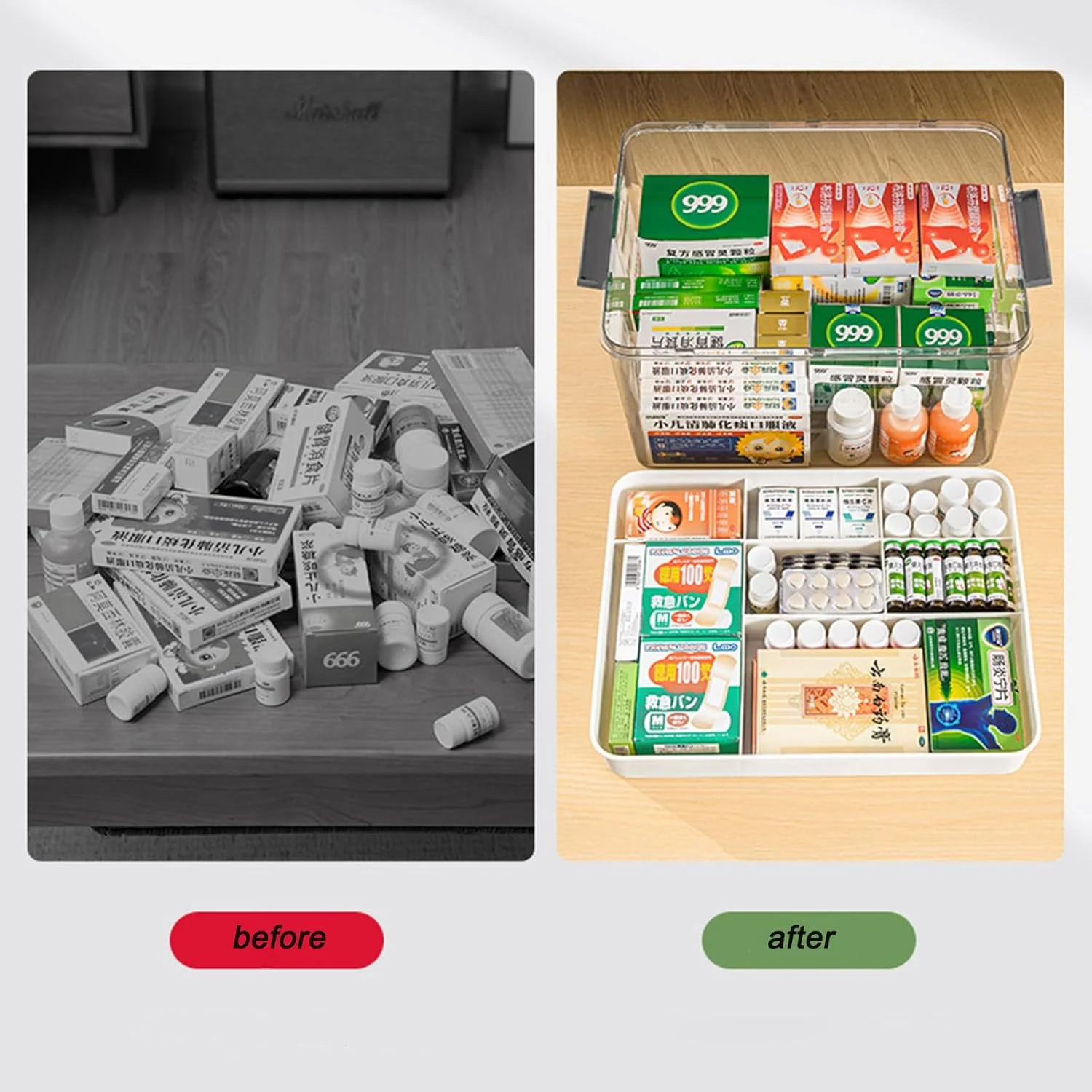 جعبه کمک های اولیه پلاستیکی شفاف HAENJA با 2 لایه، جعبه نگهداری کیت اضطراری قابل حمل با دسته، سازمان دهنده جعبه دارویی خانگی (خاکستری شفاف)