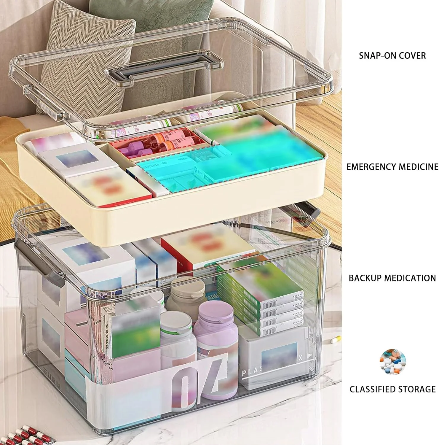 جعبه نظم دهنده داروهای خانگی برای مسافرت های خانوادگی، جعبه نگهداری دارویی پلاستیکی با درب و دسته، جعبه دارویی 2 لایه با محفظه (مشکی شفاف)