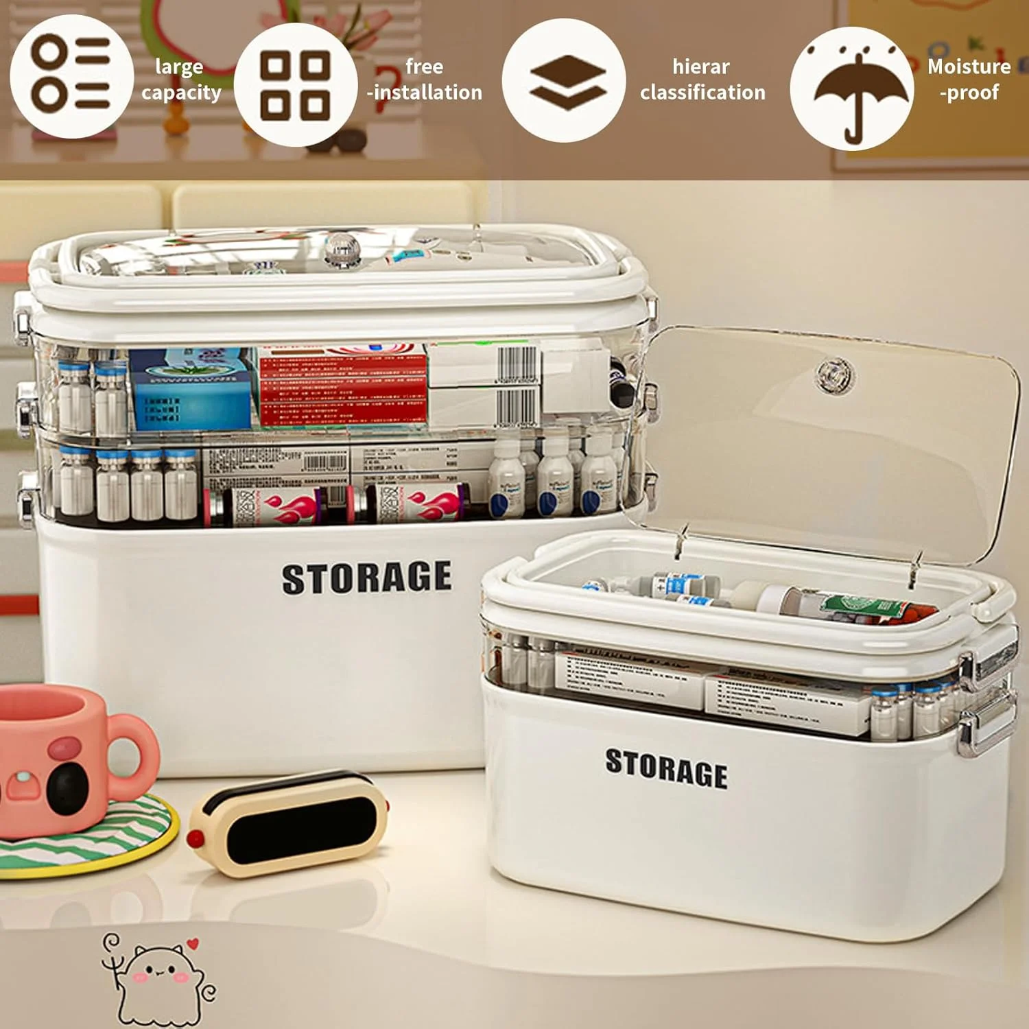 جعبه دارو OUGPIU، 4 طبقه، مستطیلی، پلاستیکی، ضد هوا، باز شدن گیره ای، 4 محفظه، جمع و جور، جعبه نگهداری چند منظوره جعبه دارو OUGPIU، 4 طبقه، مستطیلی، پلاستیکی، ضد هوا، باز شدن گیره ای، 4 محفظه، جمع و جور، جعبه نگهداری چند منظوره