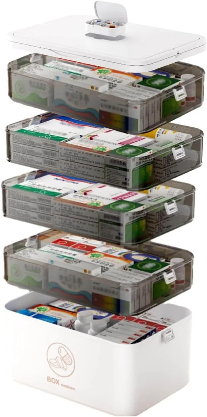 جعبه کمک های اولیه بزرگ 5 طبقه، جعبه کیت کمک های اولیه قابل حمل با دسته برای خانواده، مسافرت و مواقع اضطراری، ظرف نگهداری پلاستیکی جادار برای قرص، لوازم پزشکی و ضروریات جعبه کمک های اولیه بزرگ 5 طبقه، جعبه کیت کمک های اولیه قابل حمل با دسته برای خانواده، مسافرت و مواقع اضطراری، ظرف نگهداری پلاستیکی جادار برای قرص، لوازم پزشکی و ضروریات