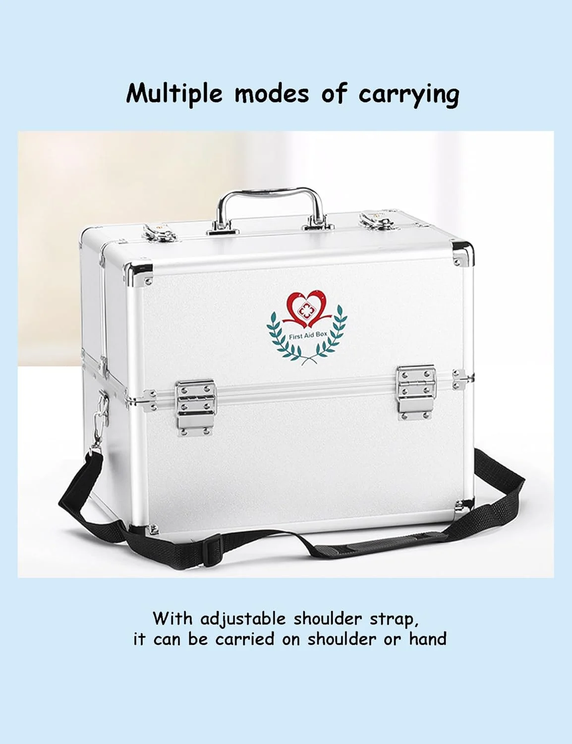 جعبه سازمان دهنده دارو، جعبه کمک های اولیه با ظرفیت بزرگ، جعبه فلزی قابل حمل برای نگهداری دارو با دسته و بند شانه جعبه سازمان دهنده دارو، جعبه کمک های اولیه با ظرفیت بزرگ، جعبه فلزی قابل حمل برای نگهداری دارو با دسته و بند شانه