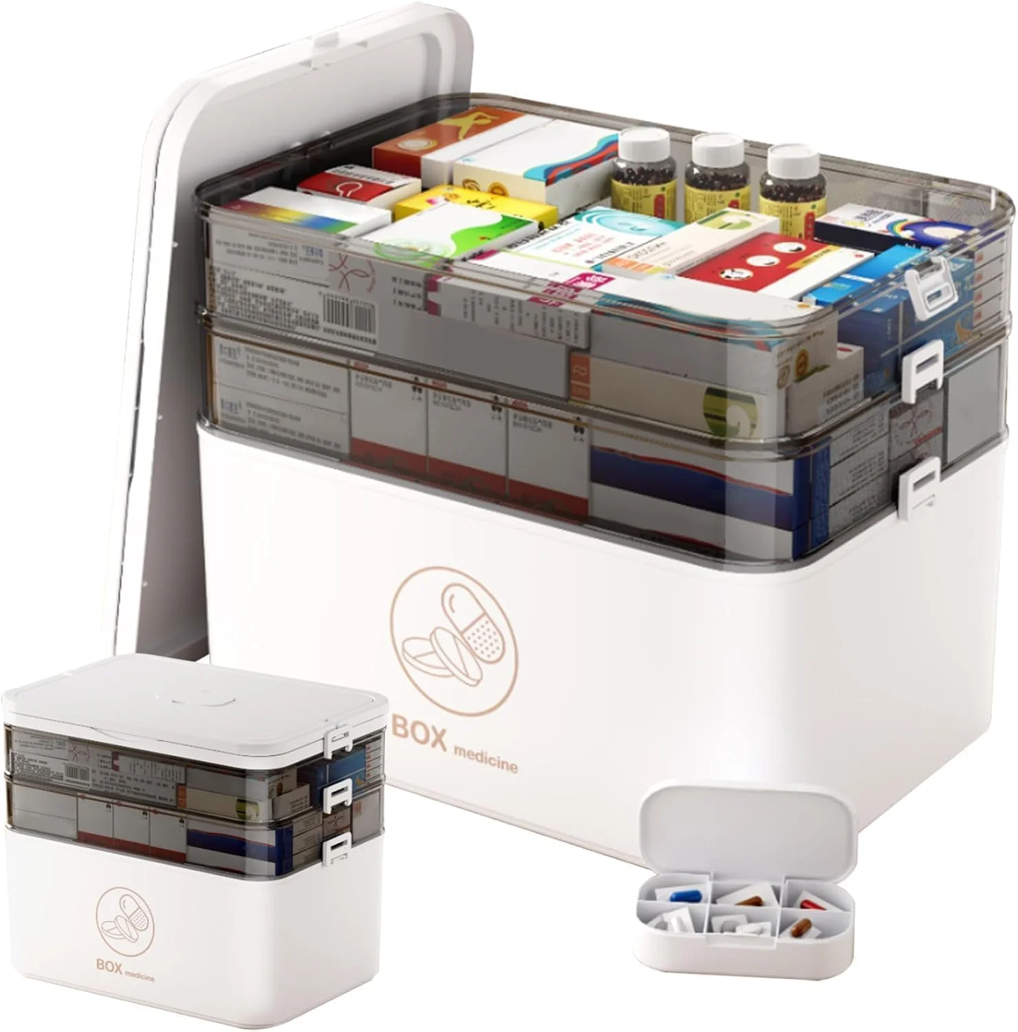 جعبه کمک های اولیه بزرگ ۳ طبقه ORCHID M، جعبه کمک های اولیه مسافرتی خانوادگی، جعبه چند منظوره پلاستیکی قابل حمل با دسته (سفید)