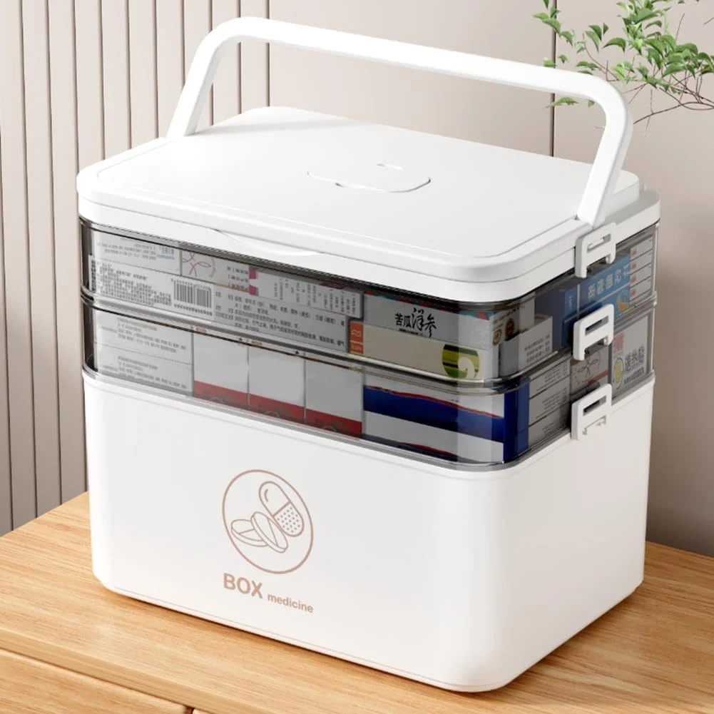 جعبه نگهداری دارو 3 طبقه، جعبه کمک های اولیه خانوادگی خالی، سازمان دهنده نگهداری داروی پلاستیکی قابل حمل، جعبه چند منظوره با دسته برای خانه، مسافرت