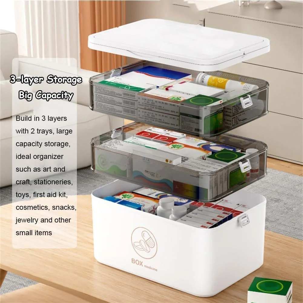 جعبه نگهداری دارو 3 طبقه، جعبه کمک های اولیه خانوادگی خالی، سازمان دهنده نگهداری داروی پلاستیکی قابل حمل، جعبه چند منظوره با دسته برای خانه، مسافرت